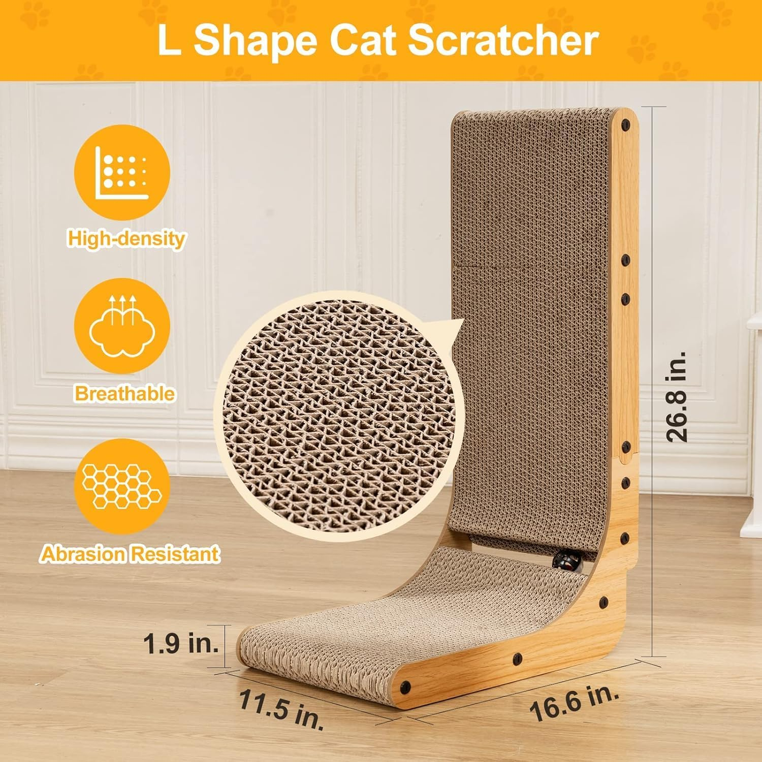 Poils Bebe L Shape Cat Scratcher, 26.8 Inch Cat Scratchers for Indoor Cats, Protecting Furniture Cat Scratch Pad, Cardboard Cat Scratching with Ball Toy, Catnip, Large (L Cat Scratcher) image number 4