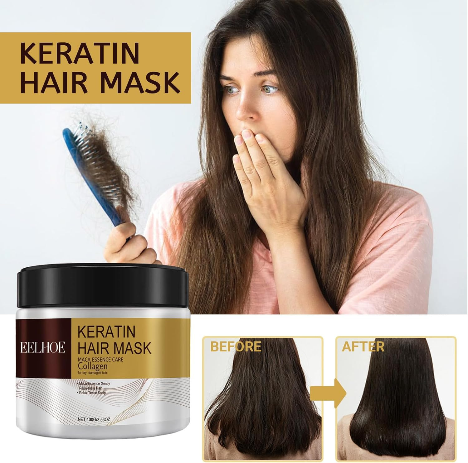 Intensive Repair Hair Mask with Cetyl Alcohol & Cetrimonium Chloride &ndash; Deep Conditioning Treatment for Damaged Hair, Repairs Split Ends & Tangles, Lightweight Non-Greasy Formula