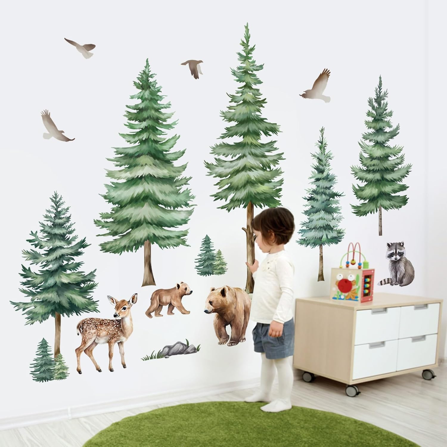 Decalmile Large Pine Tree Wall Decals Woodland Animal Bear Wall Stickers Baby Nursery Kids Room Bedroom Wall Decor image number 4