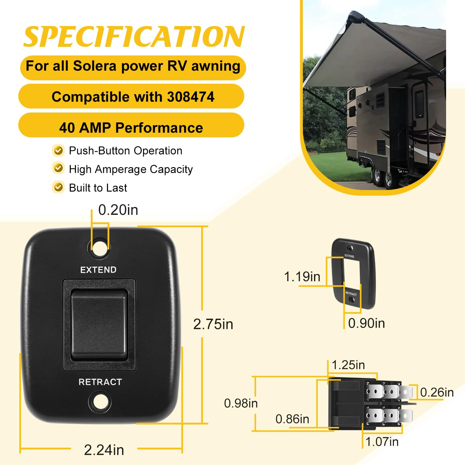 40 AMP RV Awning Interior Switch Kit with Plate Replacement for All Solera Power Awning | Replace for 308474 Push-Button Operation to Extend/Retract Awning&ndash;Durable Plastic, Easy Installation image number 2