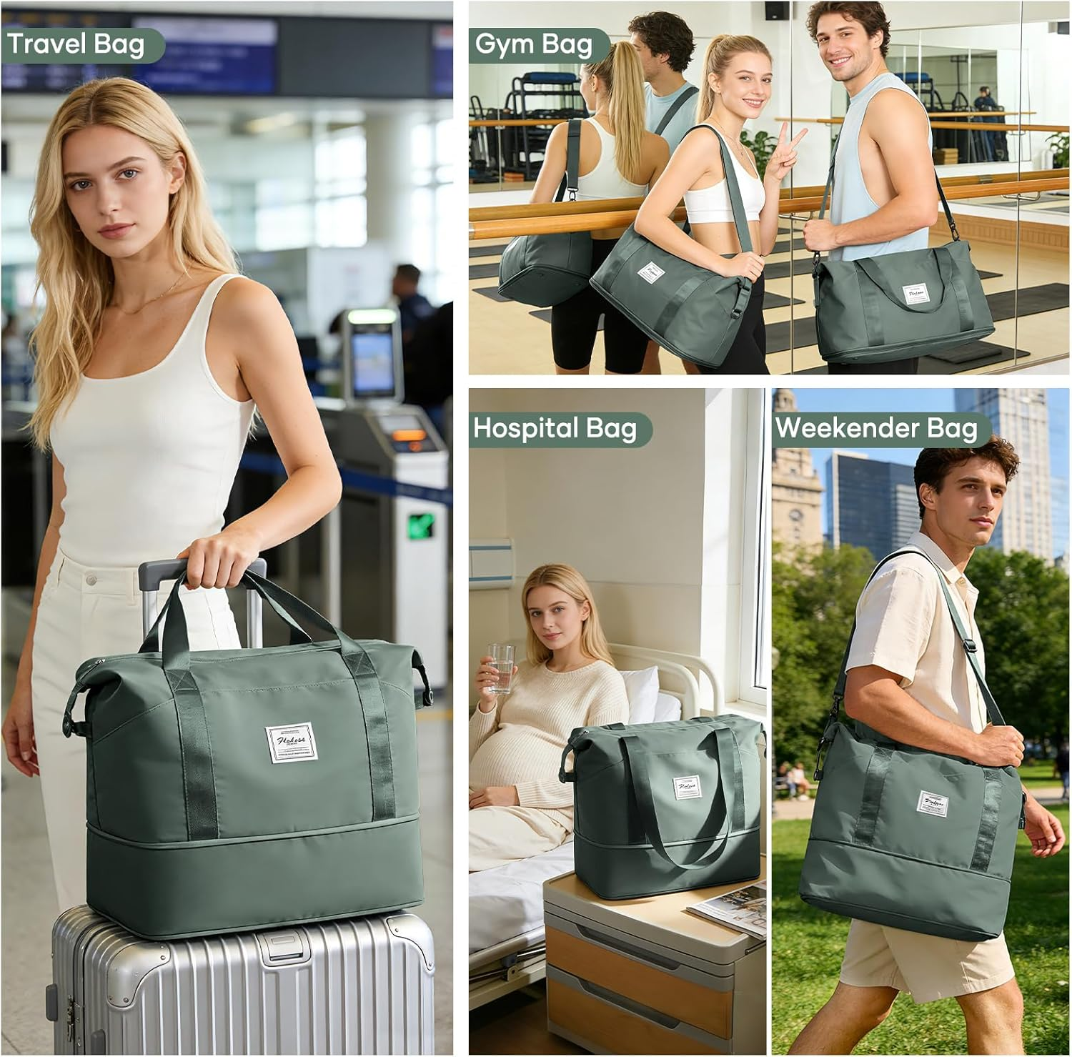 Pakembl Travel Duffle Bag,Shoulder Overnight Weekender Bag for Women,Sport Tole Gym Bag Women,Expandable Duffle Bags Hospital Bag Green image number 4