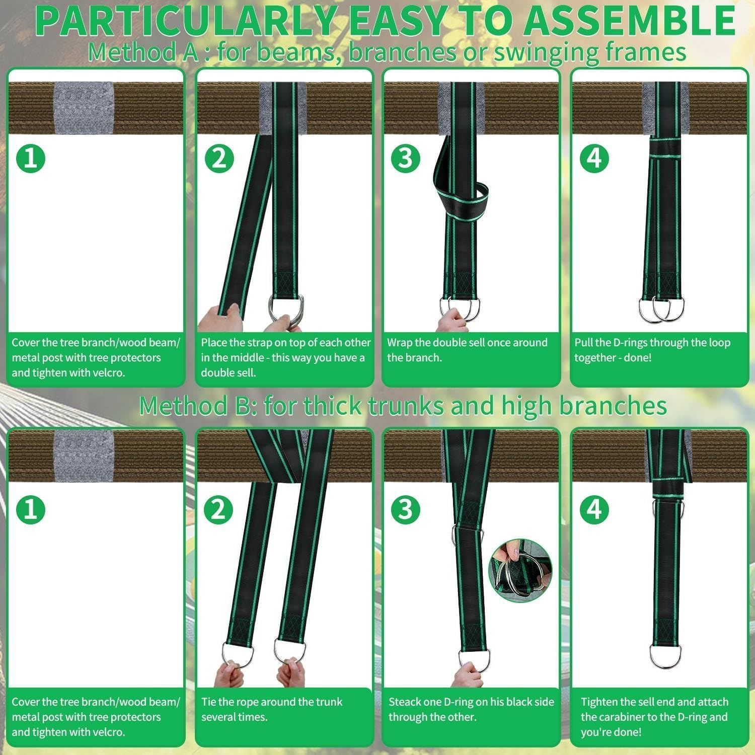 Tree Swing Hanging Straps, 1.5M/5Ft Hammock Tree Straps Kit with 2 Sturdy Lock Carabiners & 2 Tree Protectors for Swings and Hammocks,Holds up to 1000KG image number 2