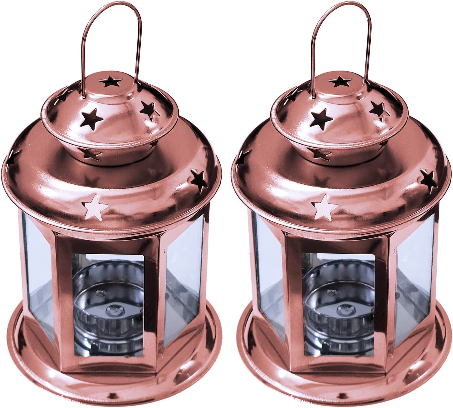 2 Pcs European Design Antique Glass Hanging Candle Lanterns with Stars Metal Frame Candlestick Holder Night Lamp, Romantic Xmas Wedding Party Decoration (Bronze)