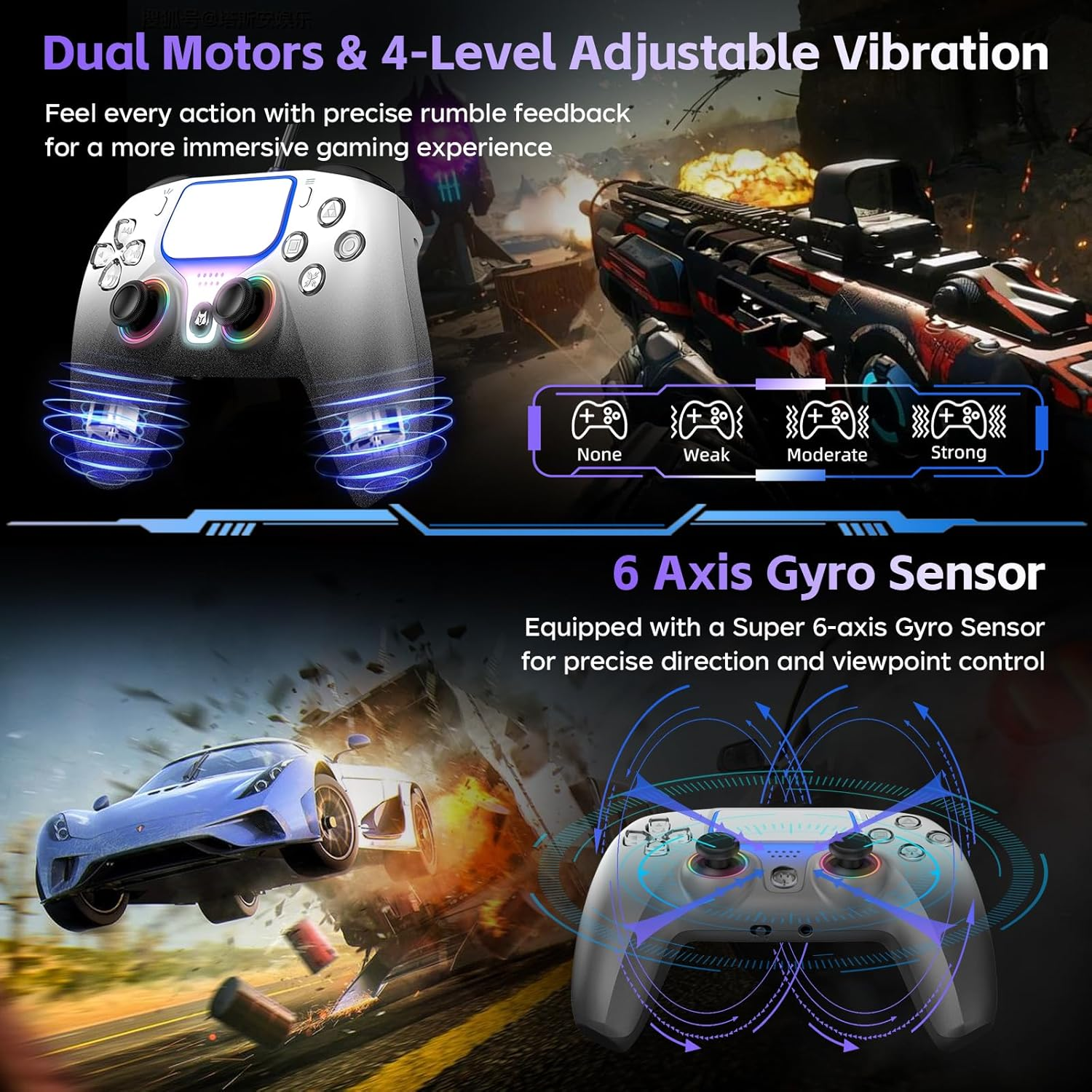 NBCP Wired Controller for Playstation 5, PS5, PC, PS4, USB Gamepad Joystick for Windows 7/8/10, Laptop, Steam - Dual Vibration, Turbo Function, Hall Effect Trigger, 6 Axis Gyro Sensor, 3.5Mm Audio image number 6