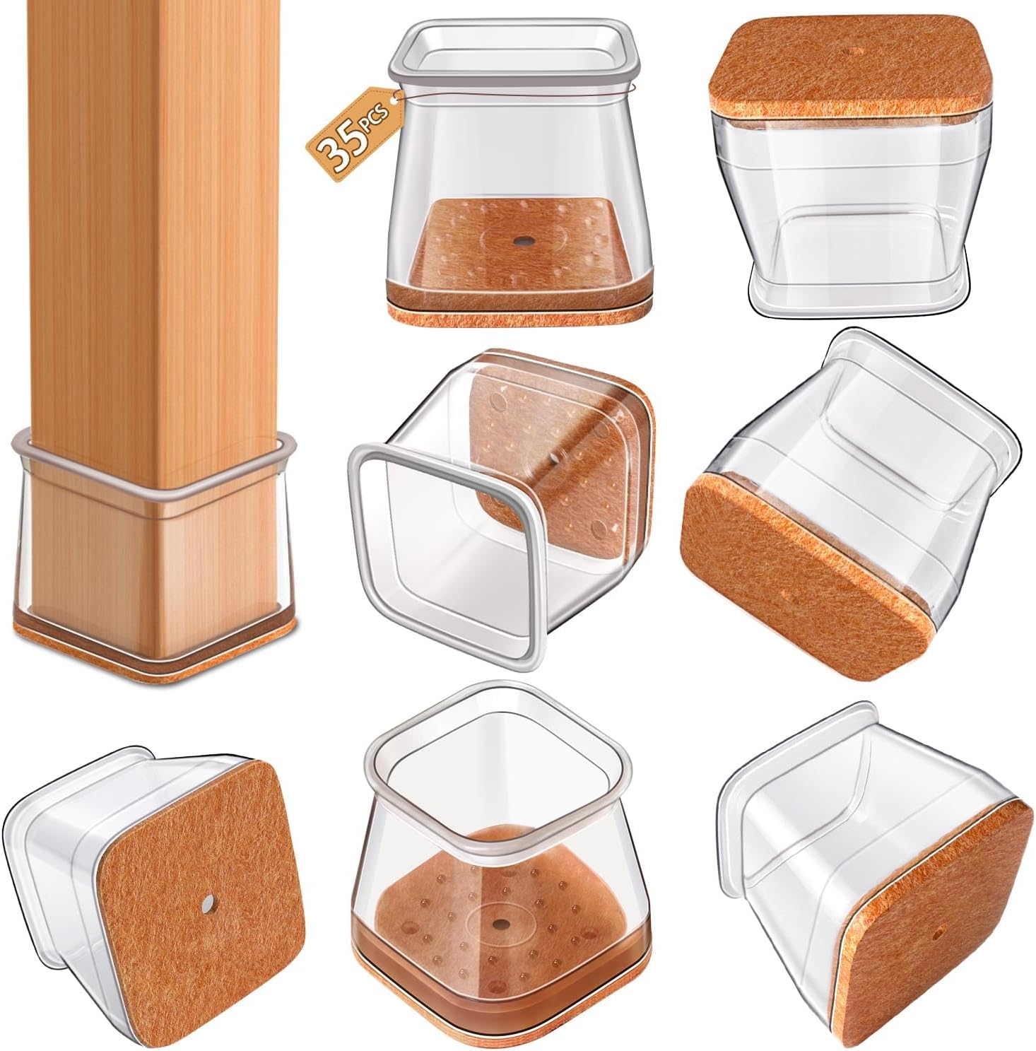 RUSIDO Pack of 35 Square Chair Leg Caps (For Side Length: 26-40 Mm), Clear Chair Leg Protectors, Chair Gliders, Silicone Protective Caps for Chair Legs, Felt Glides for Wooden Floors, Floor From