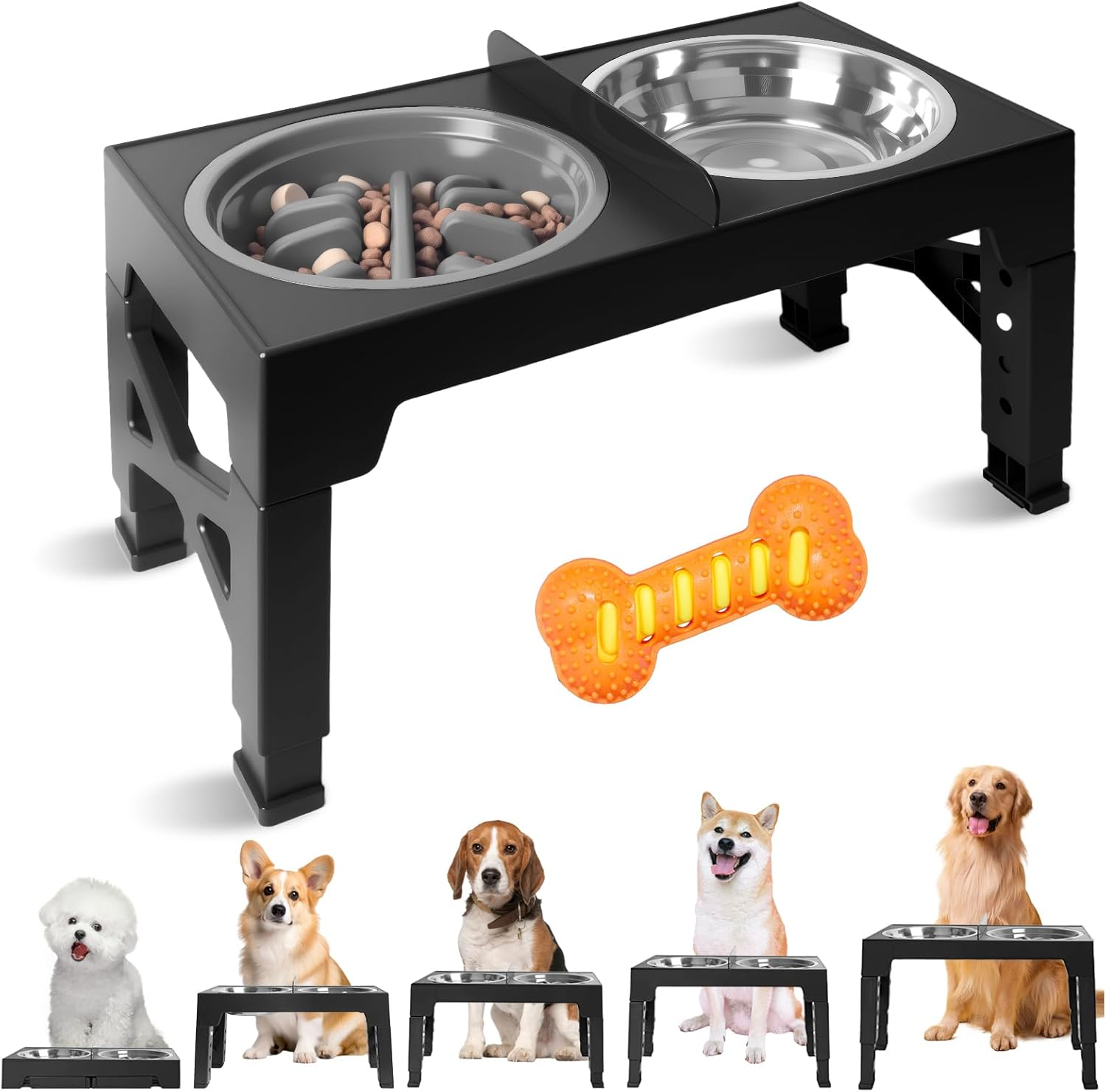 Elevated Dog Food Bowls, 5 Heights Adjustable(8Cm, 22Cm, 25Cm, 28Cm, 31Cm), Raised Dog Bowl Stand with 1 Stainless Steel Bowl & 1 Slow Feeder Bowl, Food Dishes for Small Medium Large Dogs image number 1