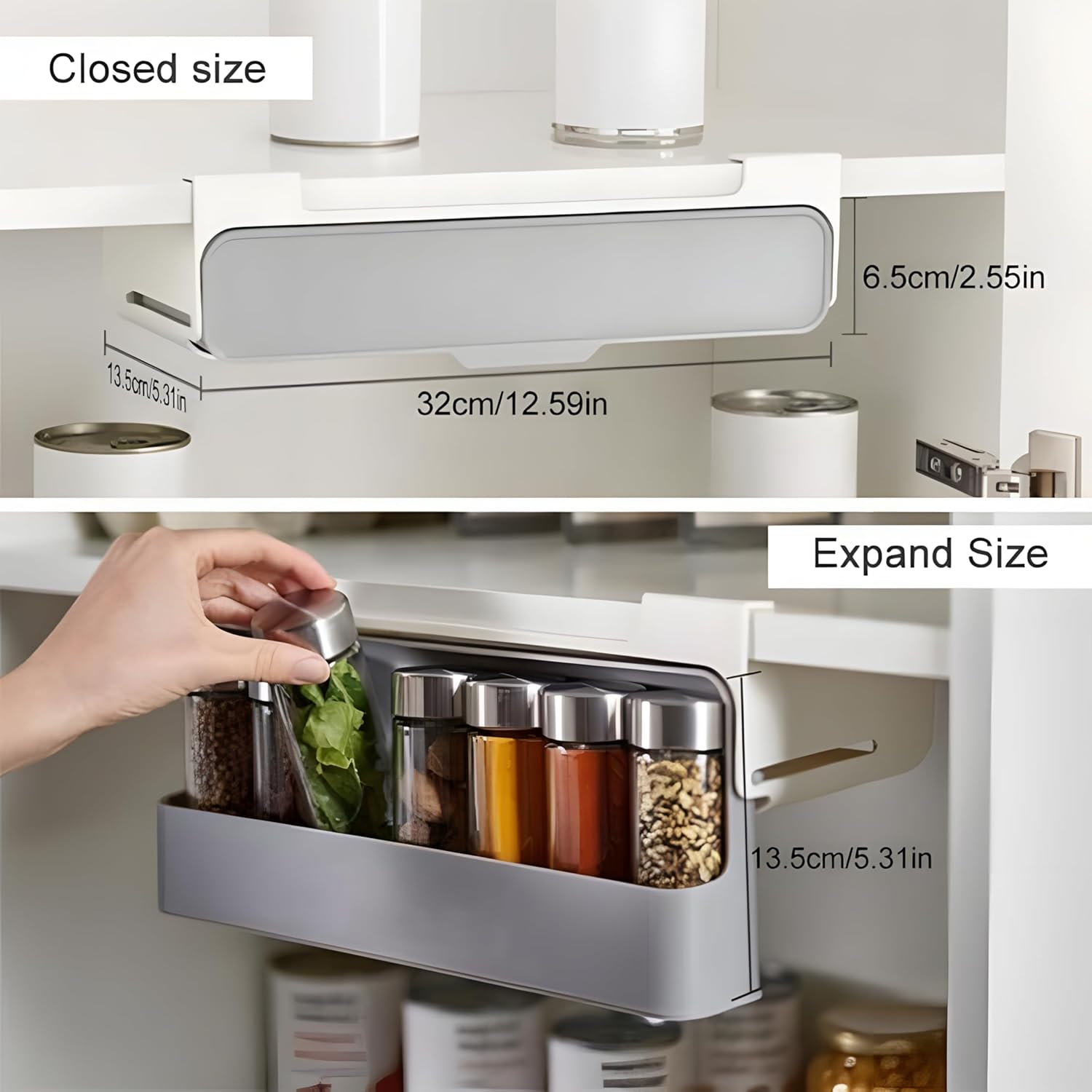 Drimzate Expandable under Cabinet Spice Rack, Pull down Slide Rack with 6 Plastic Spice Jars, 8X20Cm, for Kitchen Food Storage image number 3