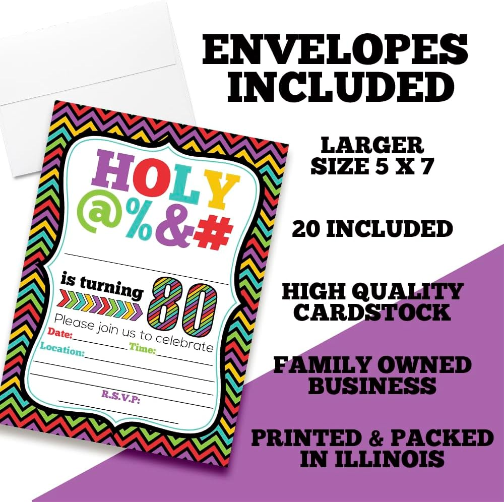 HOLY @% 80Th Birthday Party Invitations, 20 Funny 5"X7" Fill in Cards with Twenty White Envelopes for Milestone Birthdays by Amandacreation image number 3