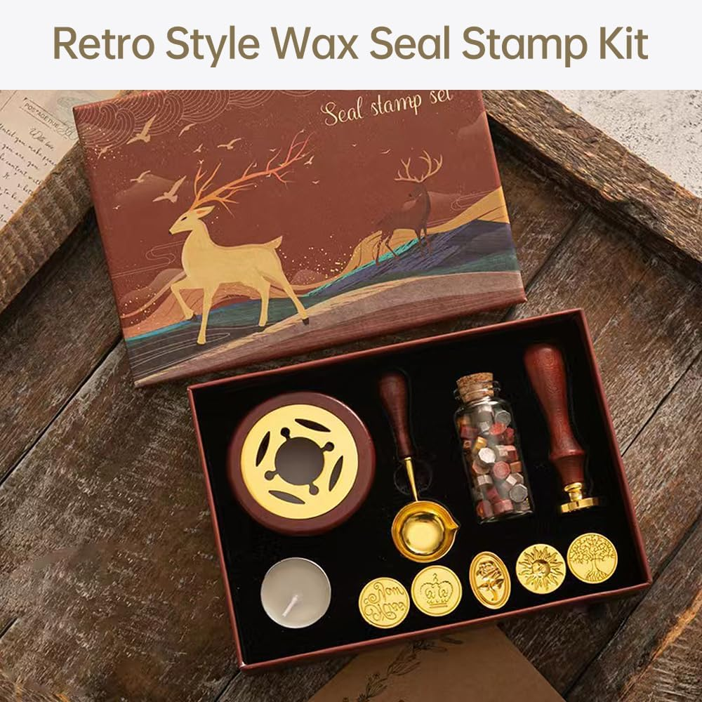 Generic Wax Seal Kit with 6Pcs Seal Stamp, Bottle of Wax Beads, Spoon, Candle, Wax Melt Warmer for Christmas Vintage Envelopes Letters Mailing Crafts Envelopes Letter Cards Wedding image number 2