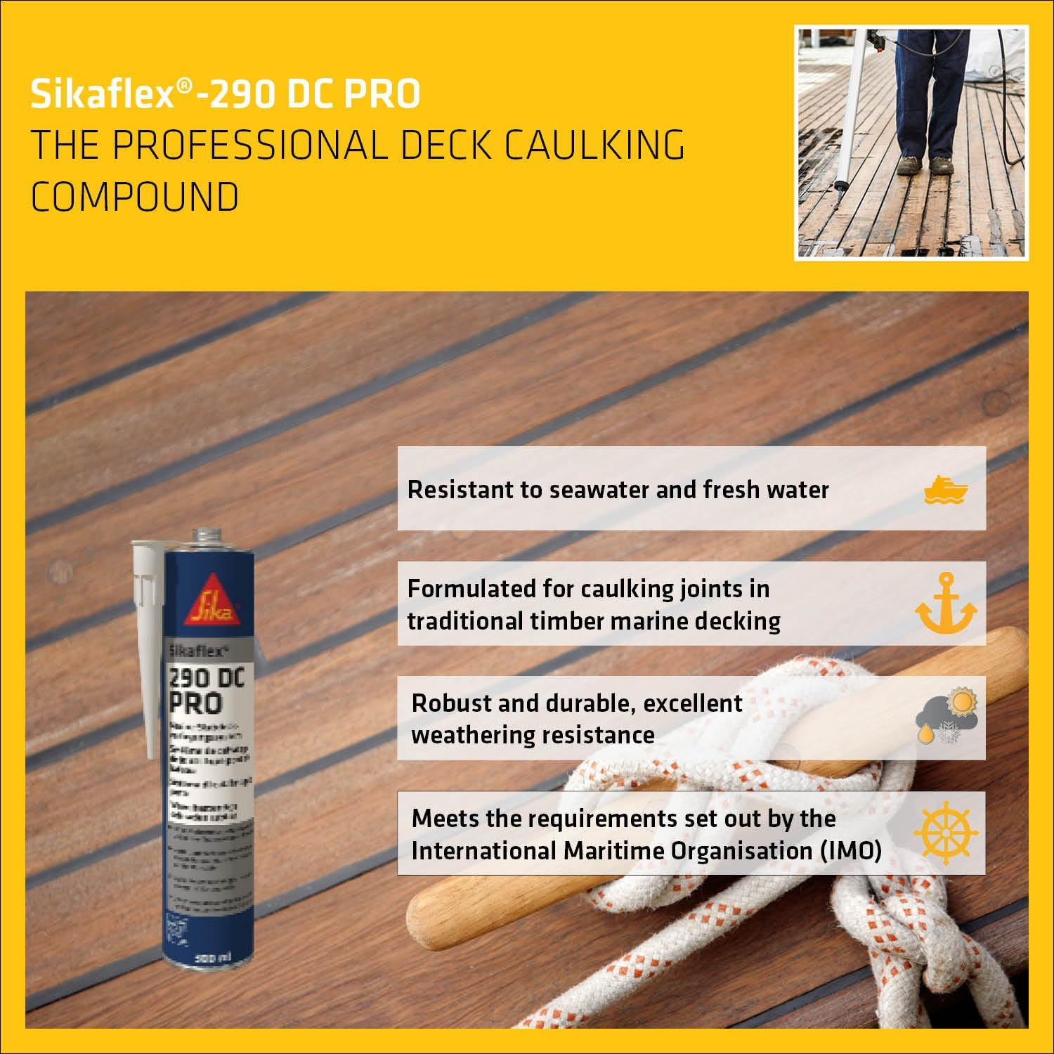 SIKA - Professional Deck Caulking Compound - Sikaflex-290 DC PRO - Black - for Yacht and Commercial Ship Construction - 300Ml