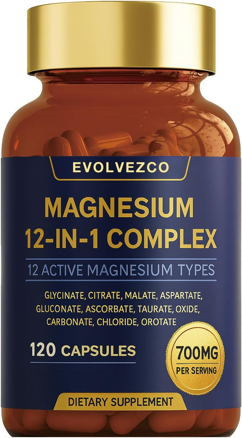 EVOLVEZCO Magnesium Glycinate 12-In-1 Complex &ndash; 700 Mg Total Magnesium Blend Providing 150 Mg Elemental Mg &ndash; 120 Vegan Capsules &ndash; High Absorption &ndash; Non-Gmo, Gluten-Free image number 2