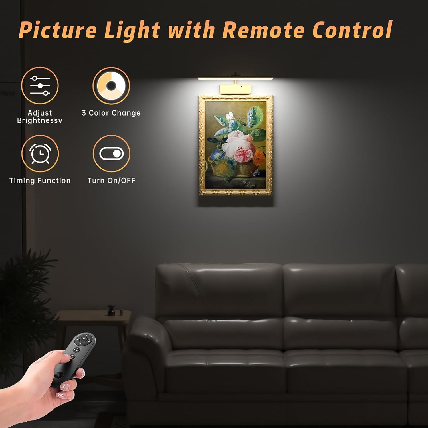 Picture Light,15.35Inch 5400Mah Rechargeable Picture Lights for Wall Battery Operated Wall Lights with Remote,3 Colors Paintings Light Dimmable Art Light for Artwork,Gallery (Gold) image number 6