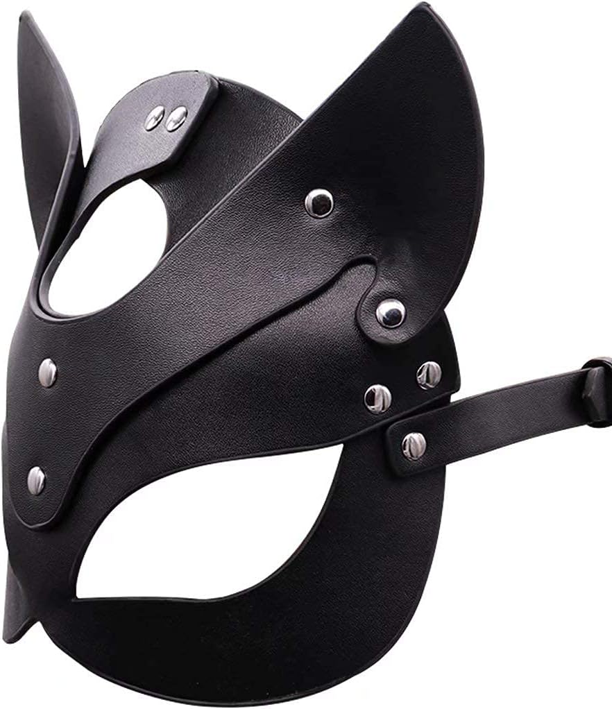 Woman Leather Cat Mask Costume Bunny Fox Masks,Animal Half Face Mask Cosplay Halloween Party Women Ladies - A.Black-Cat image number 2