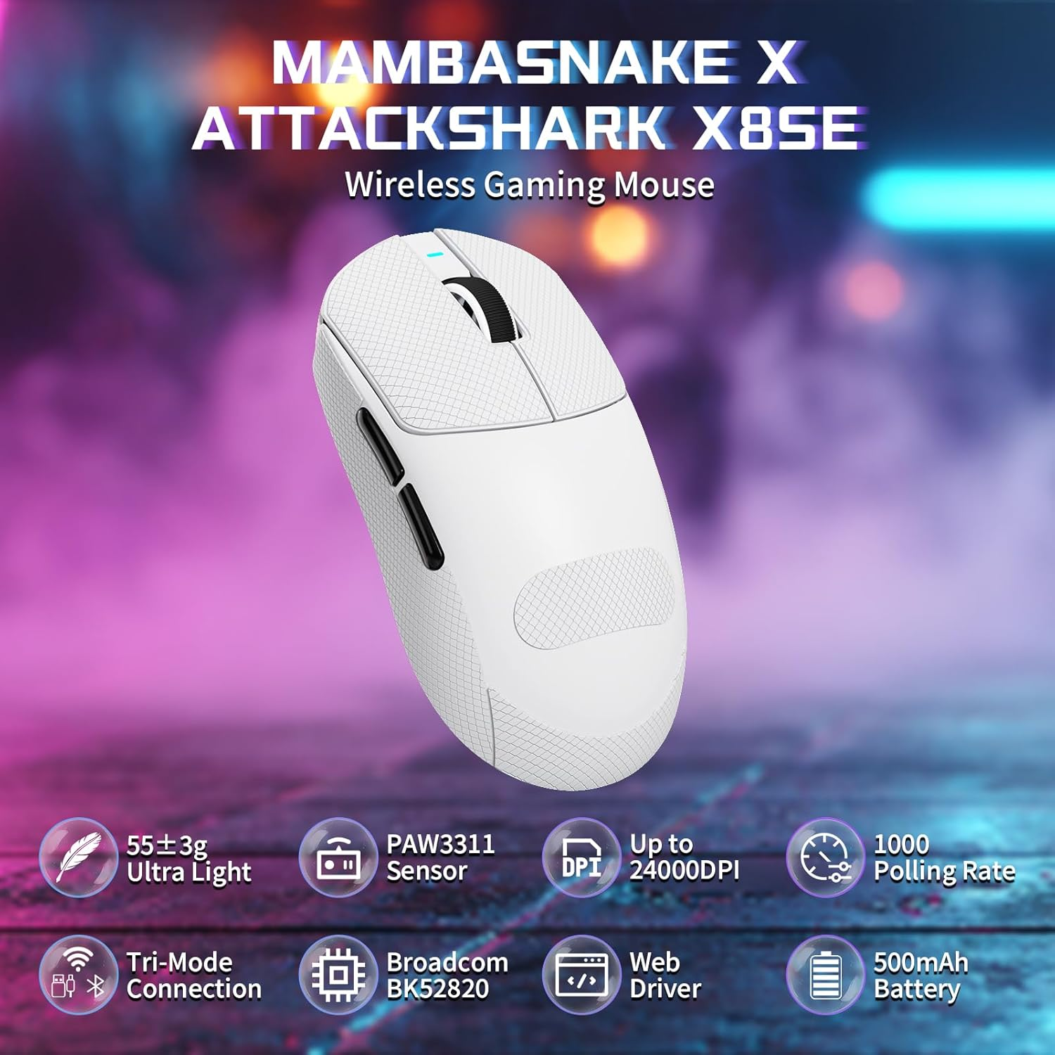 ATTACK SHARK X8SE Wireless Gaming Mouse,Adjustable 25K DPI PAW3311 Optical Sensor,Ergonomic 59G Lightweight,Triple Modes 2.4G/Bt/Usb-C,500Mah Battery,5 Programmable Buttons for Pc/Mac-White&Griptape - Berry Red image number 3
