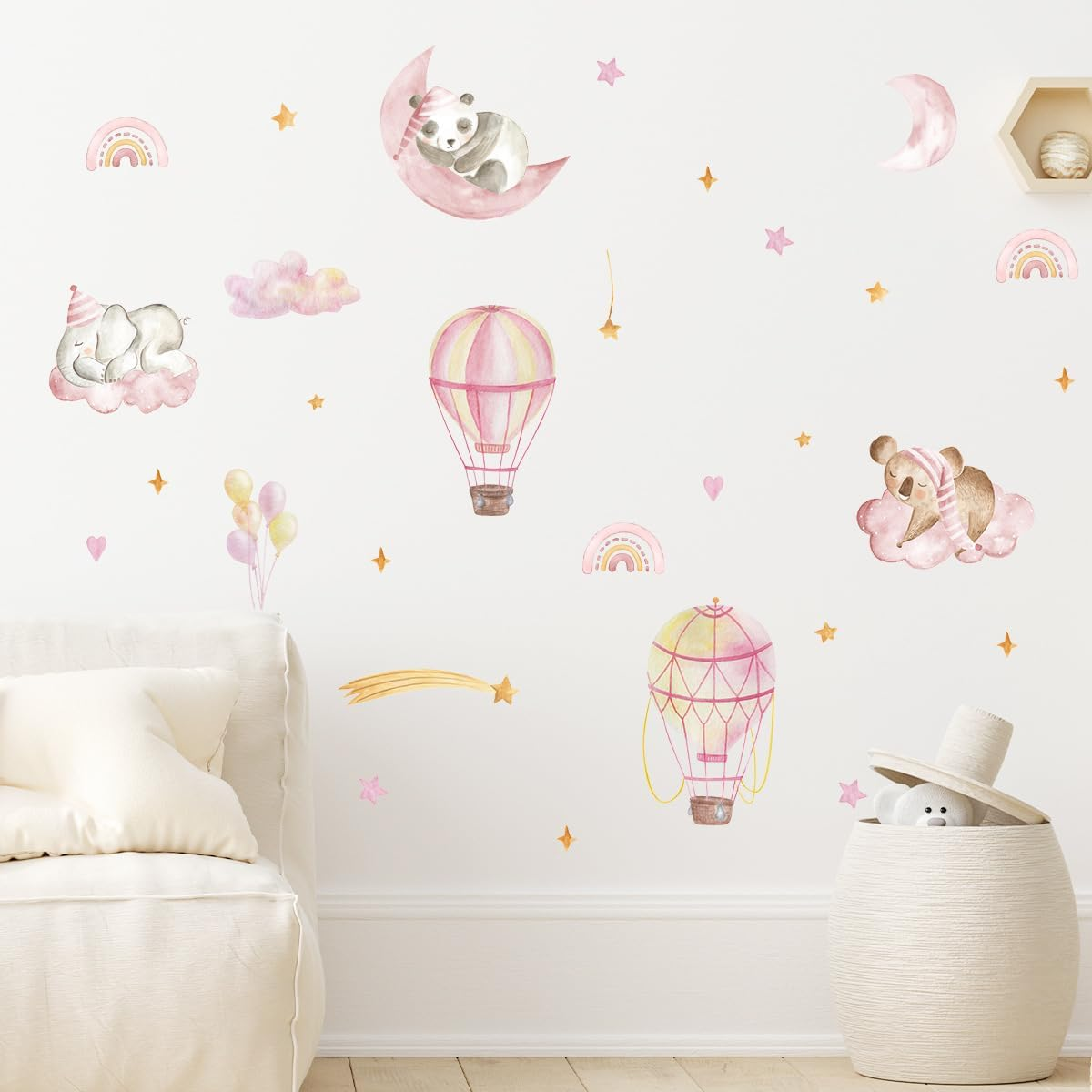 Pink Hot Air Balloon Elephant Panda Rainbow Wall Decals the Moon and Stars Nursery Wall Stickers Baby Girl Room Wall Decor image number 1