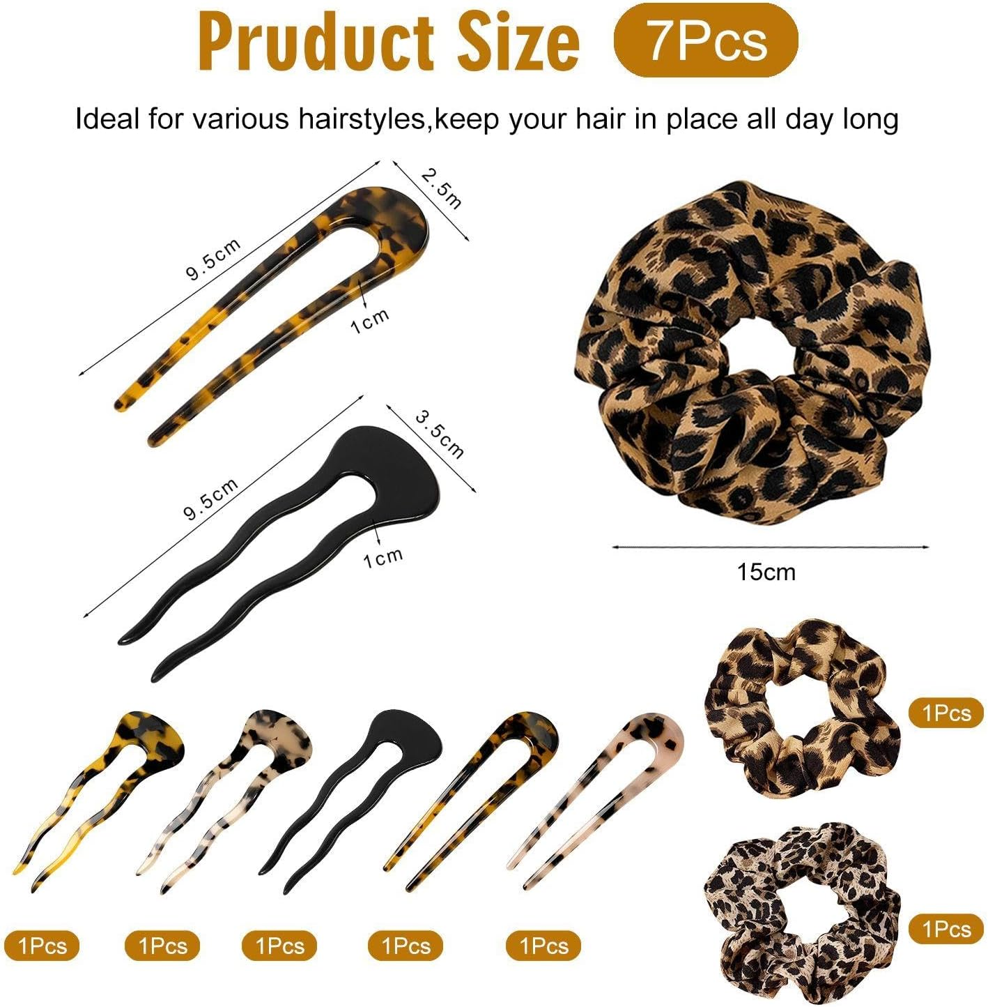 Pack of 5 U-Shaped Hair Pins, 2 Pieces Large Intestine Hair Bands with Leopard Print, Simple and Fashionable French Hair Pins, Women'S Bun Hair Fixing Decoration image number 4