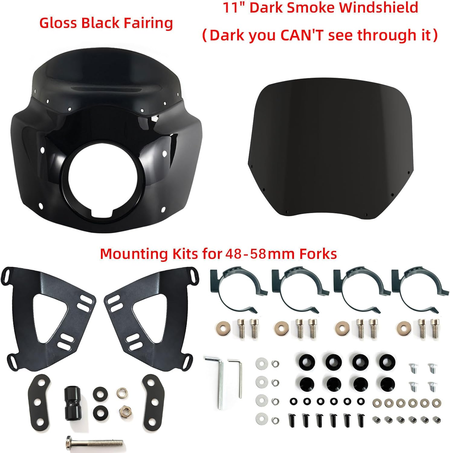 FATECIM Motorcycle 5.75" Headlight Fairing Cover 11" Dark Smoke Windshield Windscreen 48-58Mm Mounting Kit Headlight Extension Block for Harley Low Rider S FXLRS 2020 2021 2022 - Road Warrior Style image number 4