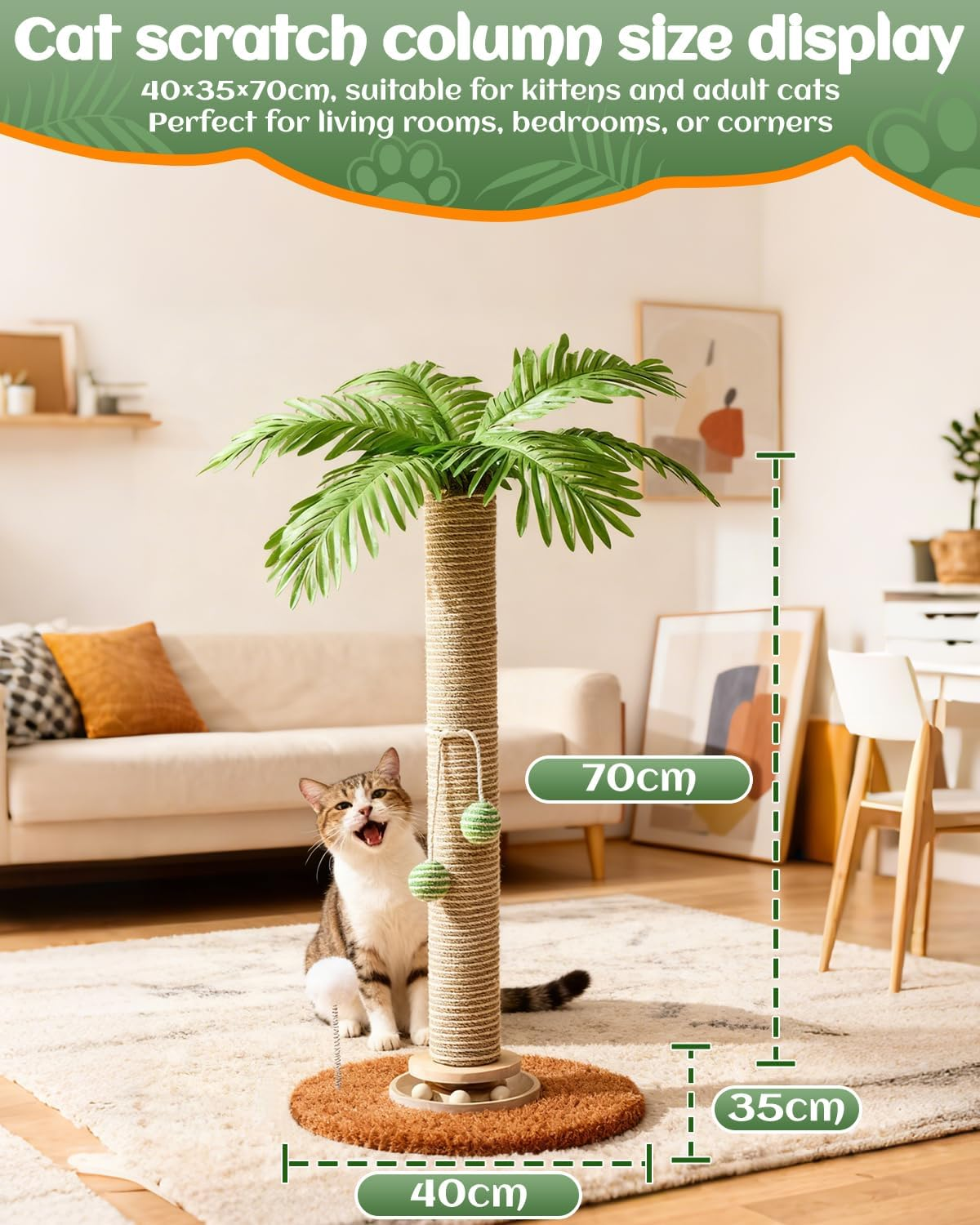 STORM HERO Cat Scratching Post - 70Cm Tall Cats Scratcher with 3 Cat Balls, Cats Climbing Tree Tower with Stable Base,Sisal Rope Kitten Scratch with Interactive Hanging Ball for Small Medium Large Cat image number 5