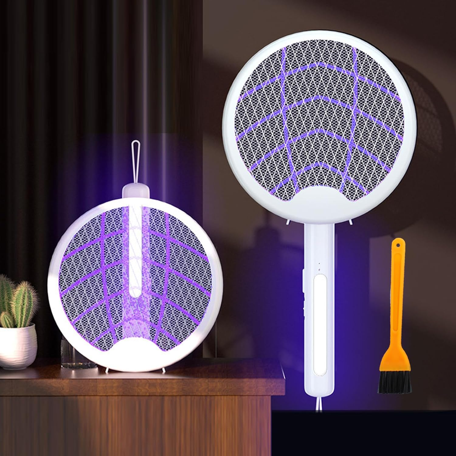 Electric Fly Swatter Racket Type-C Rechargeable Bug Zapper Racket 3 in 1 Foldable Mosquito Zapper with Mosquito Lure Lamp Beads 1200Mah Battery and Brush for Indoor Outdoor SH0062 (Black)