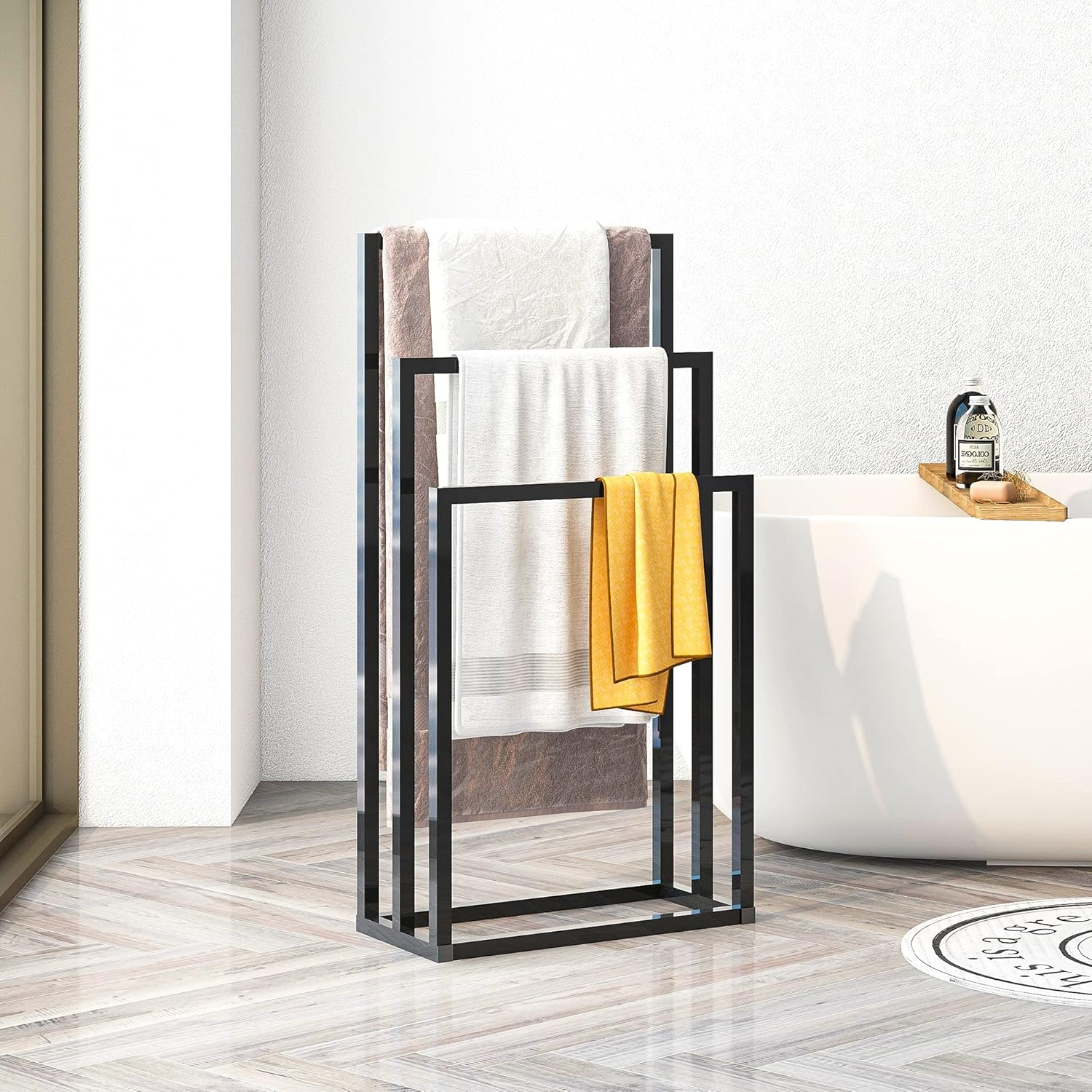 FOUBAM Black Metal Free Standing Towel Racks for Bathroom Towel Rack Stand,3 Tiers Floor Bath Towel Holder,Towel Organizers and Bathroom Storage for Laundry Room,Anti-Rust Chrome Ladder Towel Bar - Black image number 6
