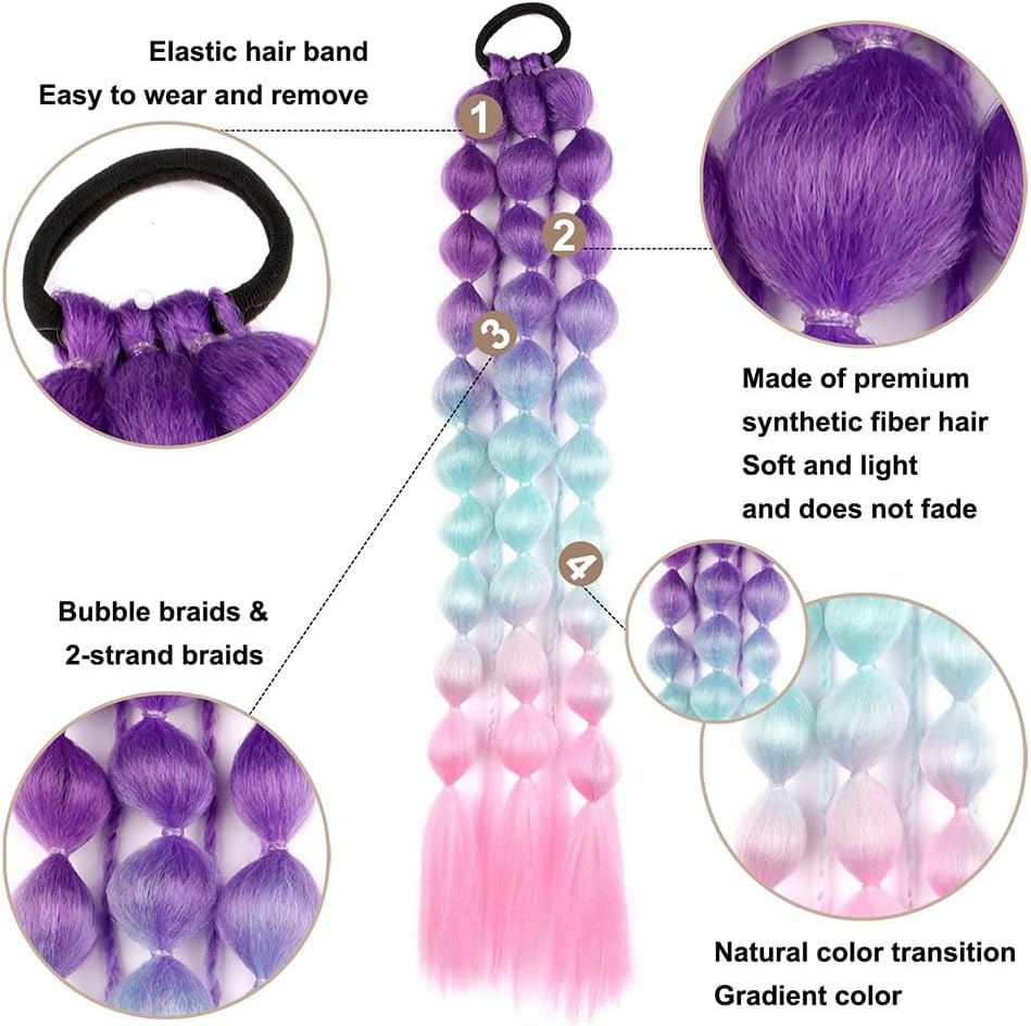 2 Pack Colorful Synthetic Hair Extensions for Women,50Cm Long Pre Looped Bubble Braiding Hair,Soft and Tangle Free Fiber, Purple,Blue, Pink Gradient Clip in Braids,Party Cosplay Accessories image number 5