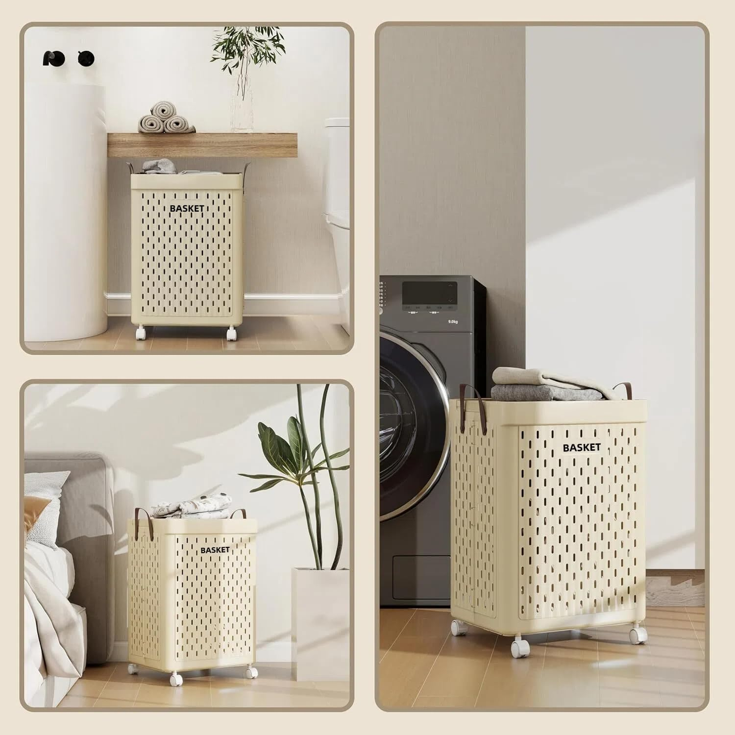 Roagoway Laundry Basket with Wheels, Collapsible Plastic Laundry Hamper with Handle, Foldable Laundry Basket Organizer for Laundry and Bathroom (Ivory, 40L)