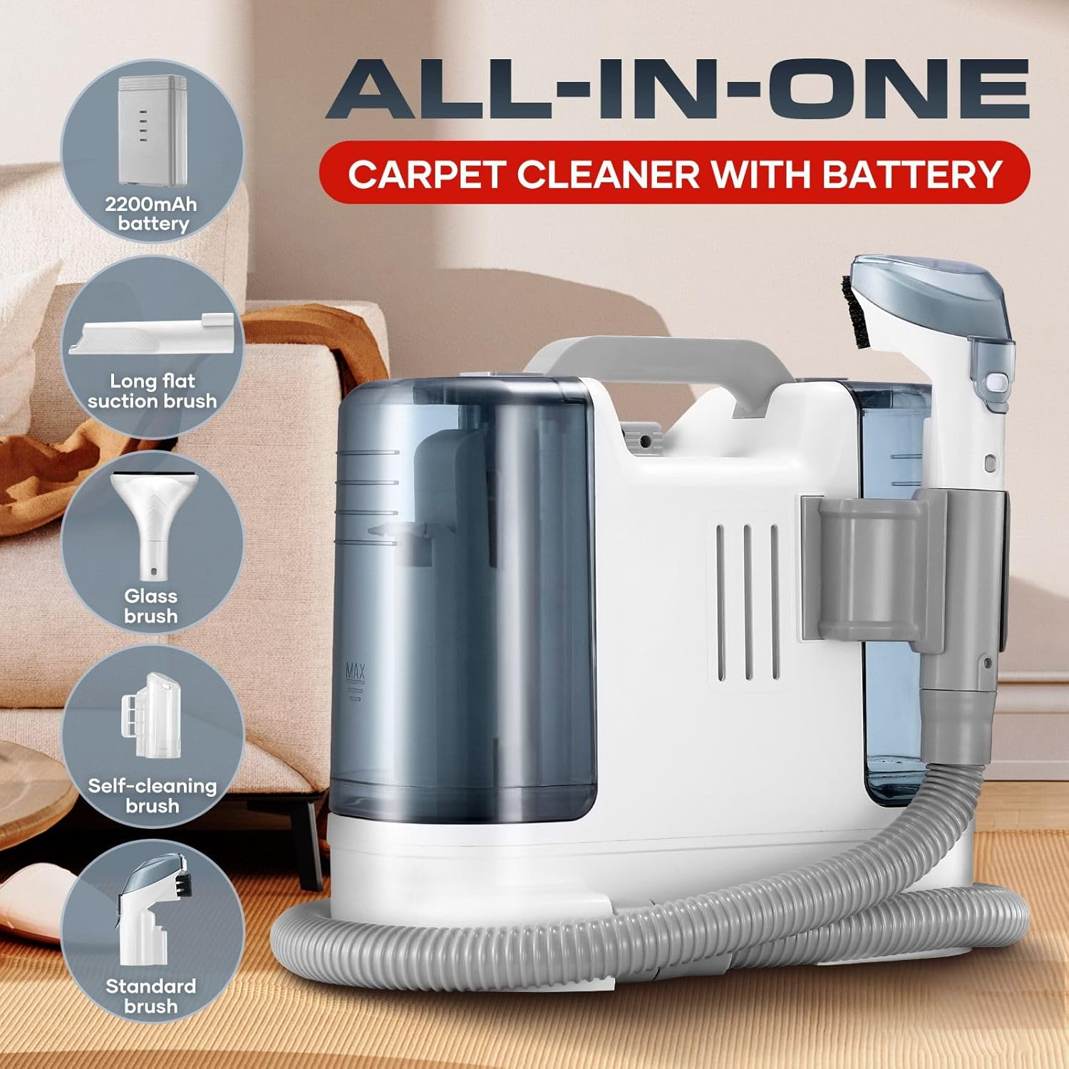 MAXKON Carpet Upholstery Cleaner Spot Vacuum Fabric Sofa Rug Stain Remover Mattress Car Seat Pet Stain Curtain Cleaning Machine 2 Tanks image number 3