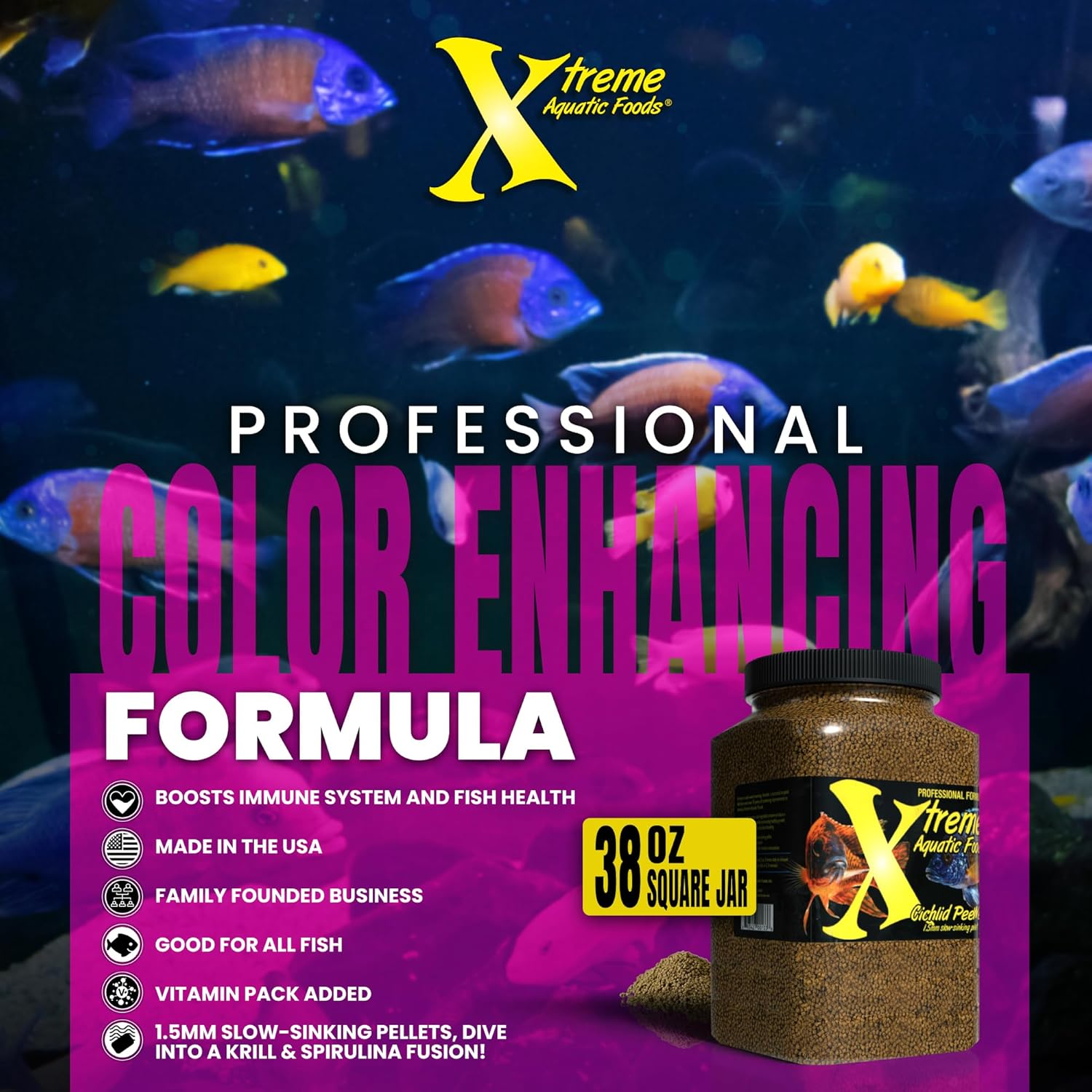 Xtreme Aquatic Foods Cichlid Peewee 1.5Mm Slow-Sinking Pellets 1077 Grams (38Oz)