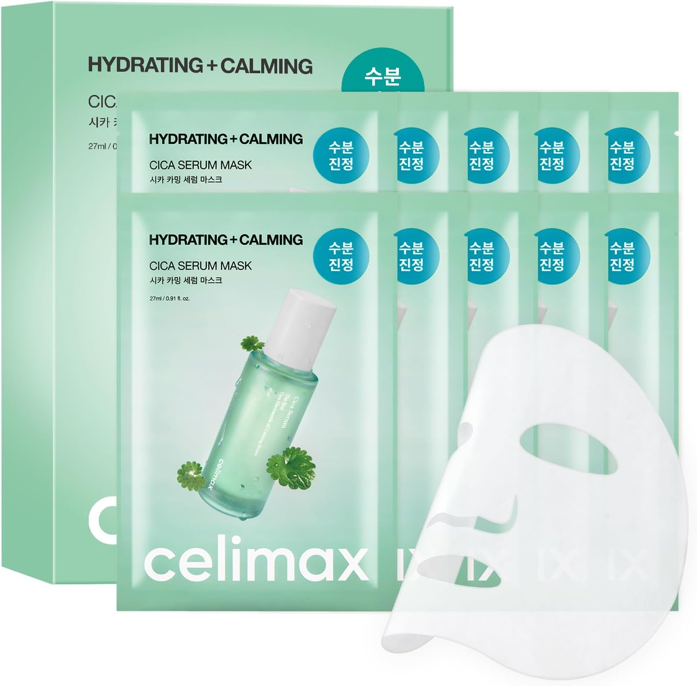 Celimax the Real Cica Calming Serum Mask 10Ea | with Centella Asiatica & Madecassoside, Korean Face Sheet Mask for Skincare, Hydrating, Wrinkle & Fine Lines, 27Ml