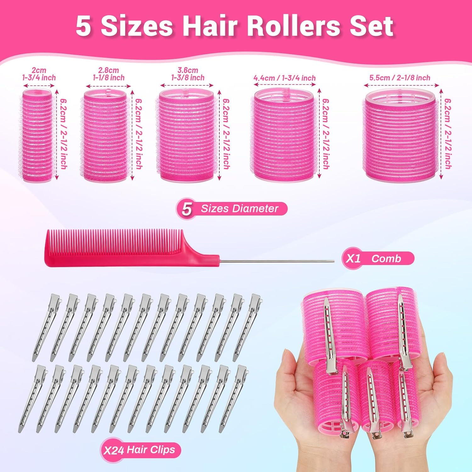 56 Pcs Hair Rollers Set for Blowout Look Long Hair, 30Pcs Rollers Hair Curlers in 5 Sizes with 24 Pcs Hair Clips and Storage Bag for Long Medium Short Hair Volume image number 2