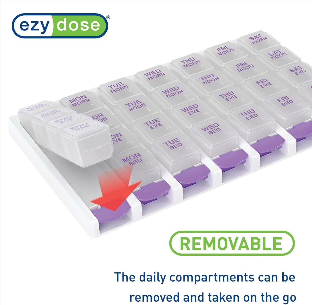 Ezy Dose Weekly (7 Day) 4 Times a Day Push Button Pill Organizer and Vitamin Planner │ Removable Daily Pillboxes | Patented Design | Assorted Colors image number 5