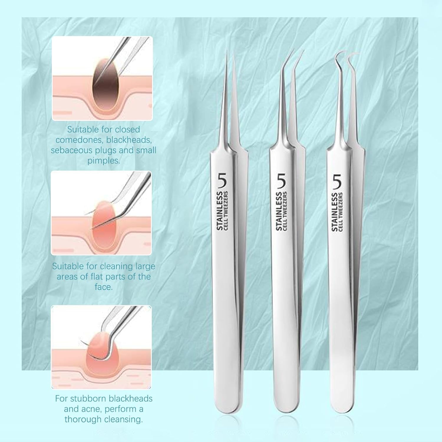 Xolixorium Professional Facial Blackhead Remover Tweezers - Extractor Acne Removal Kit Pimple Popper Tool Pimple Popping Kit Precision Tweezers for Whiteheads Acne Clip Ingrown Hairs Stainless Steel image number 4