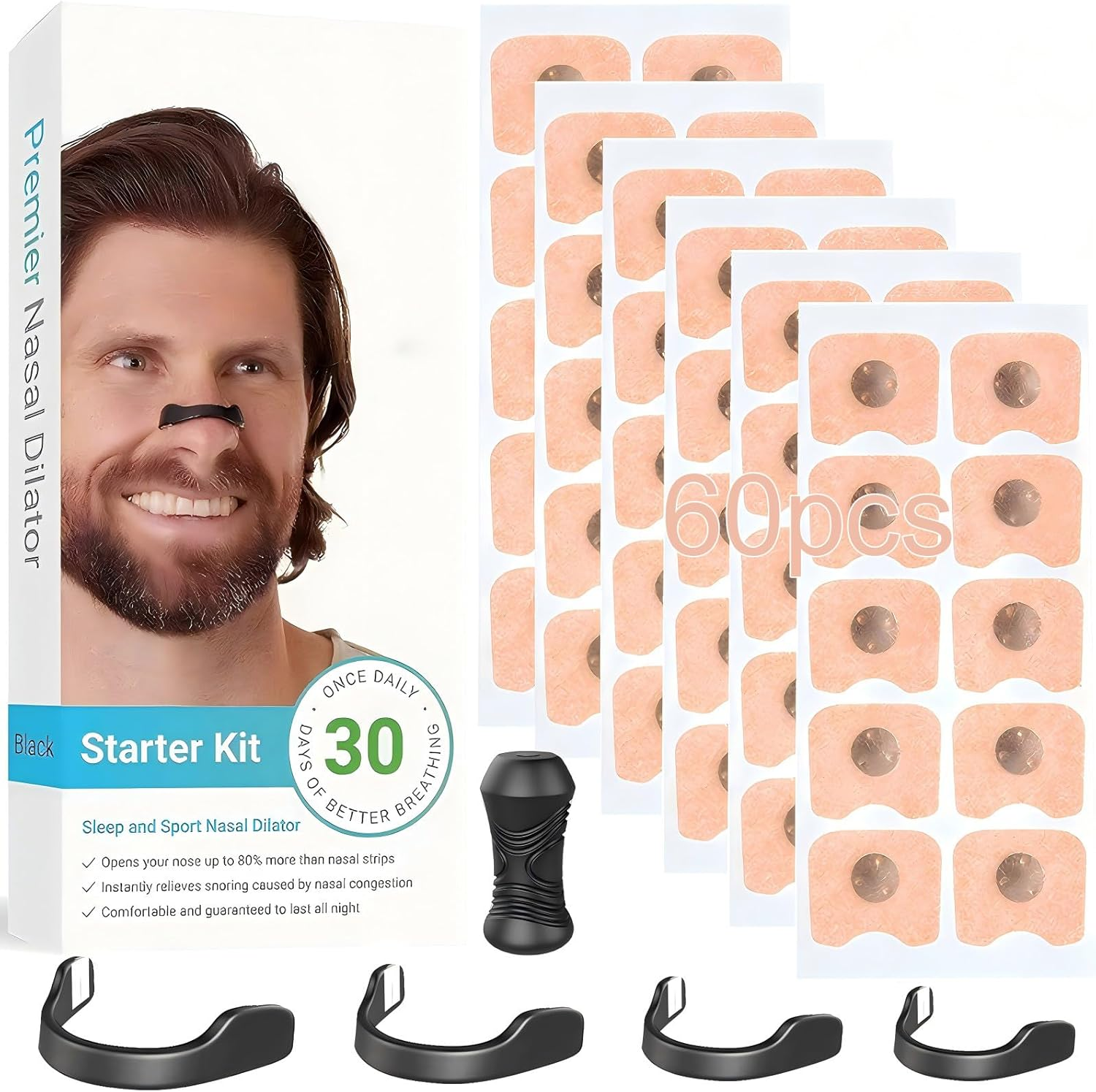 Breathing Magnetic Nasal Strip 60Pcs / 30 Pairs, Boost Oxygen Intake, Reduce Snoring, Improve Sleep Quality - Skin Safe Strips - Extra Strength Snoring Solution, Antisnore Sleep Aid for Men & Women Black