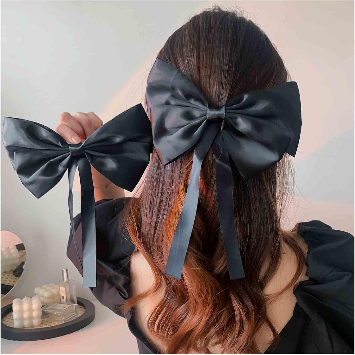 Yheakne Silk Bow Ponytail Holder Black Hair Tail Clip Vintage Long Tail Hair Bow Headpieces Bow French Barrette Headwear Ponytail Hair Accessories for Women and Girls Gifts (Long Bow) image number 4