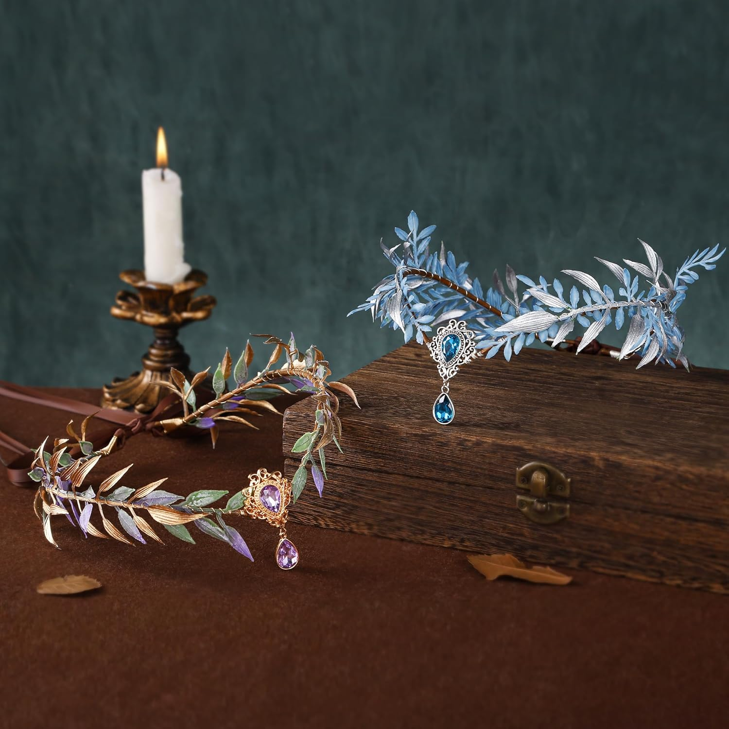 MOSTORY Forest Elf Crown for Renaissance Women Cosplay Purple and Gold Leaf Headpiece for Halloween Forest Fairy Costume image number 2