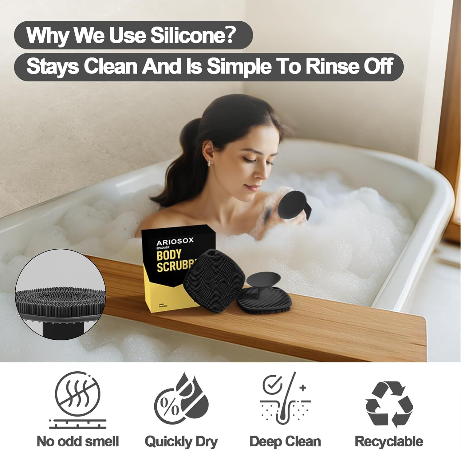 ARIOSOX Silicone Body Scrubber with Suction Cup, Gentle Texture Exfoliating Body Scrubber for Men and Women on Sensitive Skin, Build up Lather, Deep Skin Clean (Body+ Face Scrubber Black) - Black image number 3