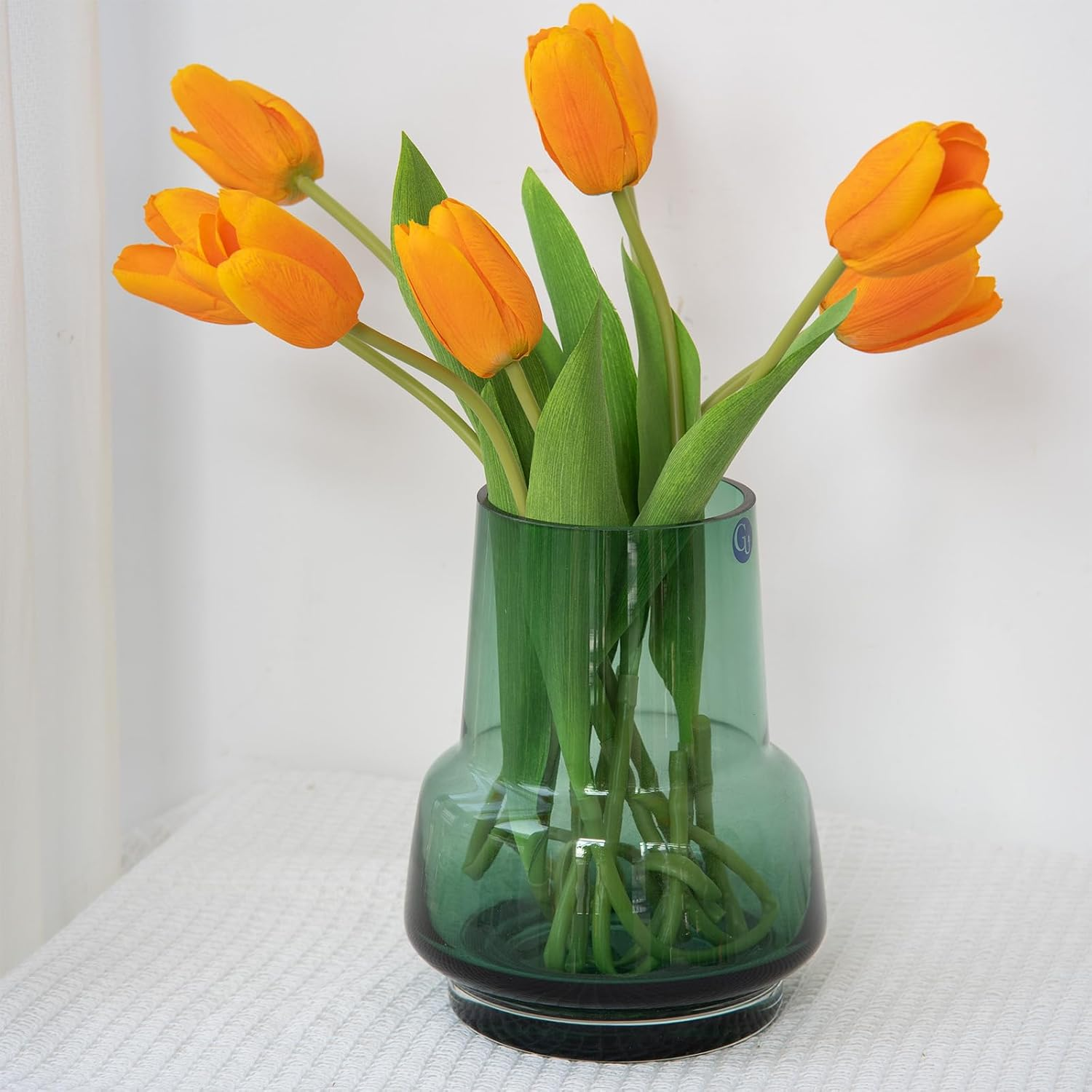 Relexome Green Glass Flower Vase for Centerpieces Bouquet Flowers Modern Wide Mouth Glass Vase Decorative Bud Vases for Home Decor, Living Room, Kitchen, Dining Table, Entryway 7.3 Inch image number 5