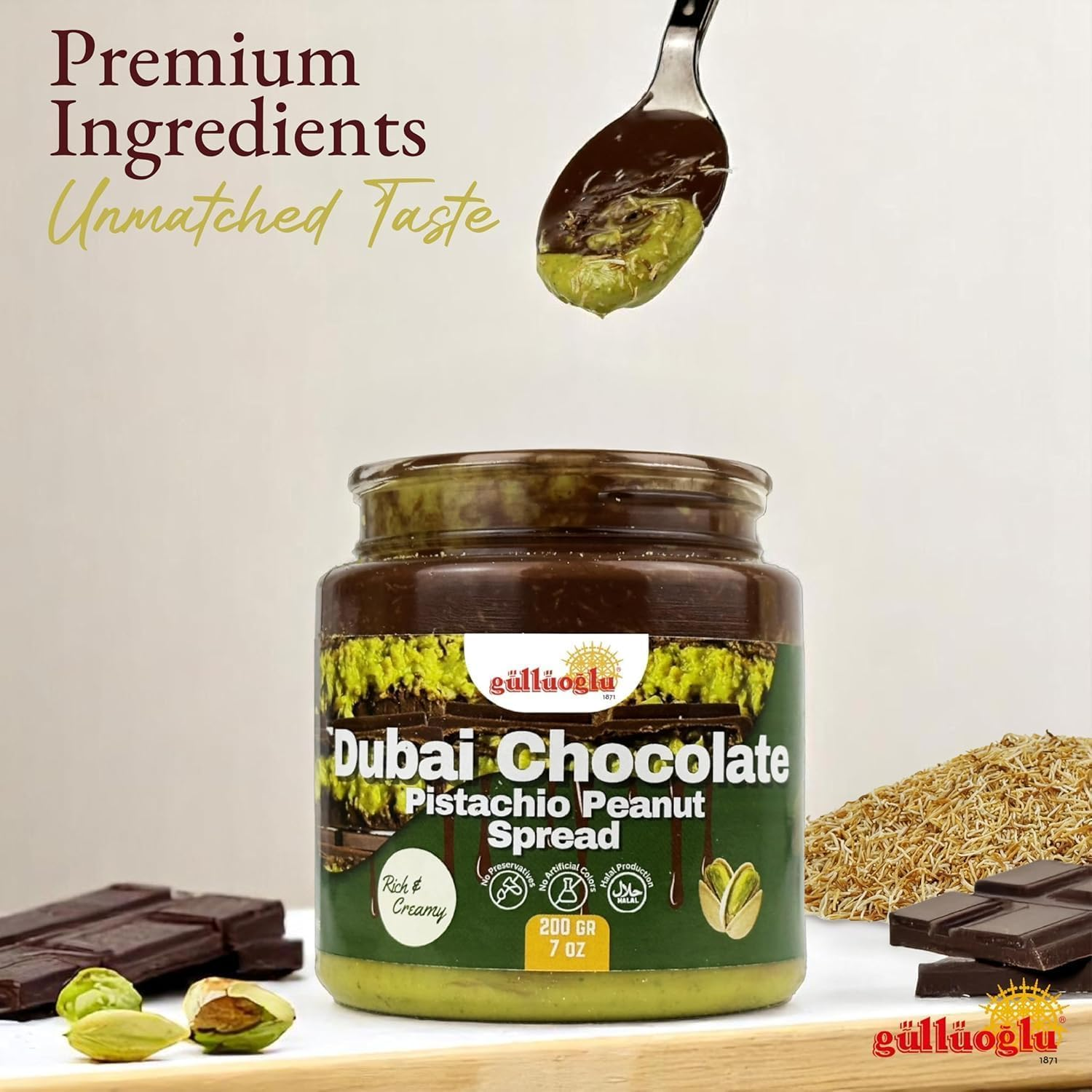 Gulluoglu Dubai Chocolate Pistachio Peanut Spread &ndash; Rich & Creamy Middle Eastern Chocolate Paste with Roasted Pistachios & Peanuts, 7 Oz (200G) Jar &ndash; Gourmet Halal Dessert image number 2
