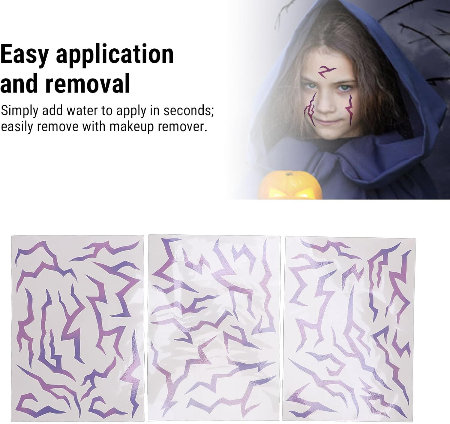 MENDUNER 3Pcs Glow in Dark Anime Stickers, Purple Temporary Tattoos, Face Body Art for Cosplay Christmas Parties, Easy Apply Remove, Festive Reactive Skin Stickers for Teens Adults image number 5