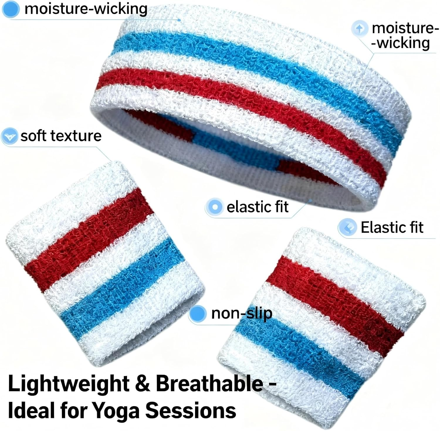 Pack of 3 Pieces(1 Headband + 2 Wristbands) Striped Sweatband Set | Sports Sweat Bands for Men, Women & Kids | Moisture-Wicking for Basketball, Tennis, Gym, Running Fitness Accessories image number 5