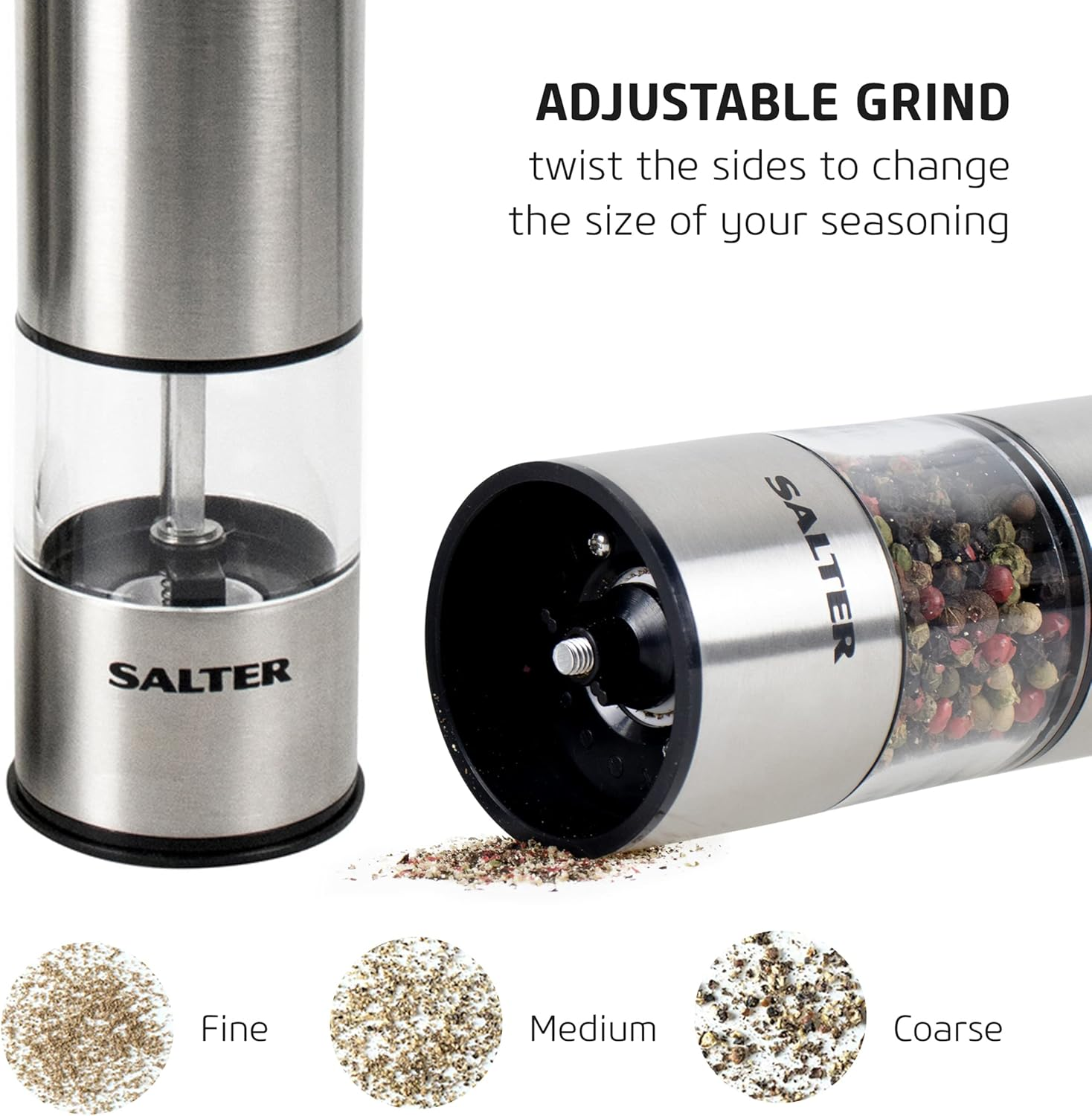 Salter 7722 SSTURA Electric Salt and Pepper Grinders - Stainless Steel Spice Grinders, Bpa-Free, Easy Refill, 60G Salt/30G Peppercorns, Adjustable Grinding, LED Light Base, One-Handed Operation image number 6