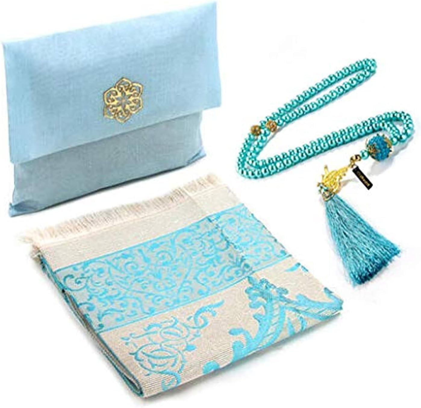 Muslim Prayer Rug and Beads with Elegant Slub Fabric Bag | Janamaz | Sajadah | Soft Islamic Prayer Rug | Islamic Gifts | Prayer Carpet Mat, Taffeta Fabric (Sky Blue) image number 4