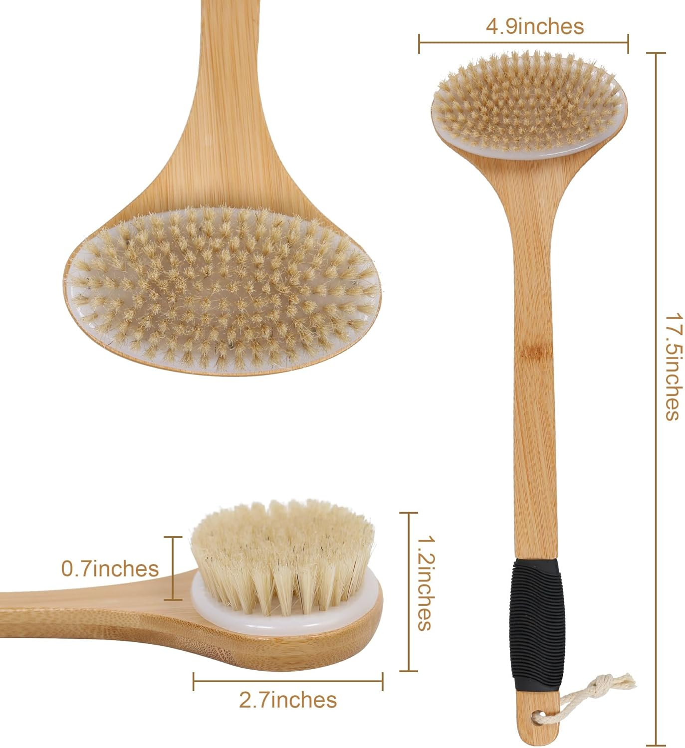 OWIIZI Back Scrub Brush for Shower,Stiff Boar Bristles Bamboo Curved Long Handle Antiskid Body Bath Brush for Back Use Wet or Dry,Deep Cleanse Large Surface Back Scrubber image number 2