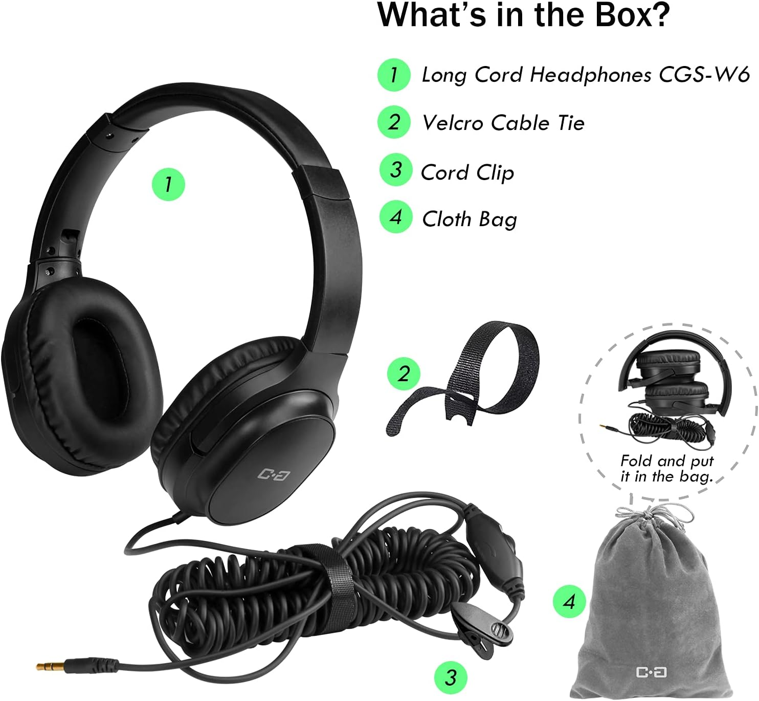 Extra Long Cord Headphones for TV & PC with Volume Control, 18 Feet / 5.5M Extension Spring Coiled Cord, Universal 3.5Mm AUX Audio, Wired over Ear Stereo Headset, CGS-W6