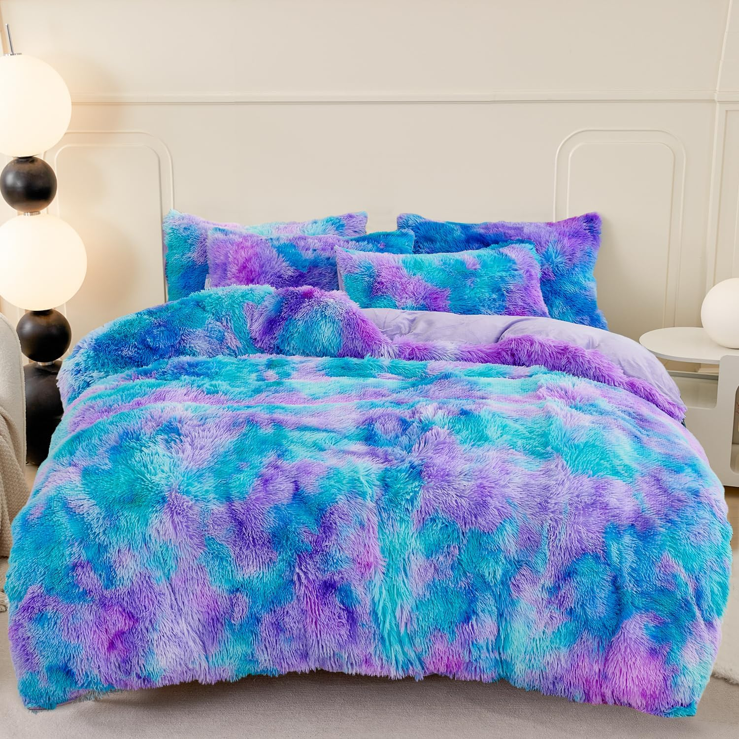SUCSES Plush Shaggy Bedding Duvet Cover Set for Teens Girls, 3Pcs Faux Fur Fluffy Velvet Comforter Cover Set, Blue Purple Tie Dye Furry Bed Sets for Kids Teens (Blue Purple, Full) image number 5