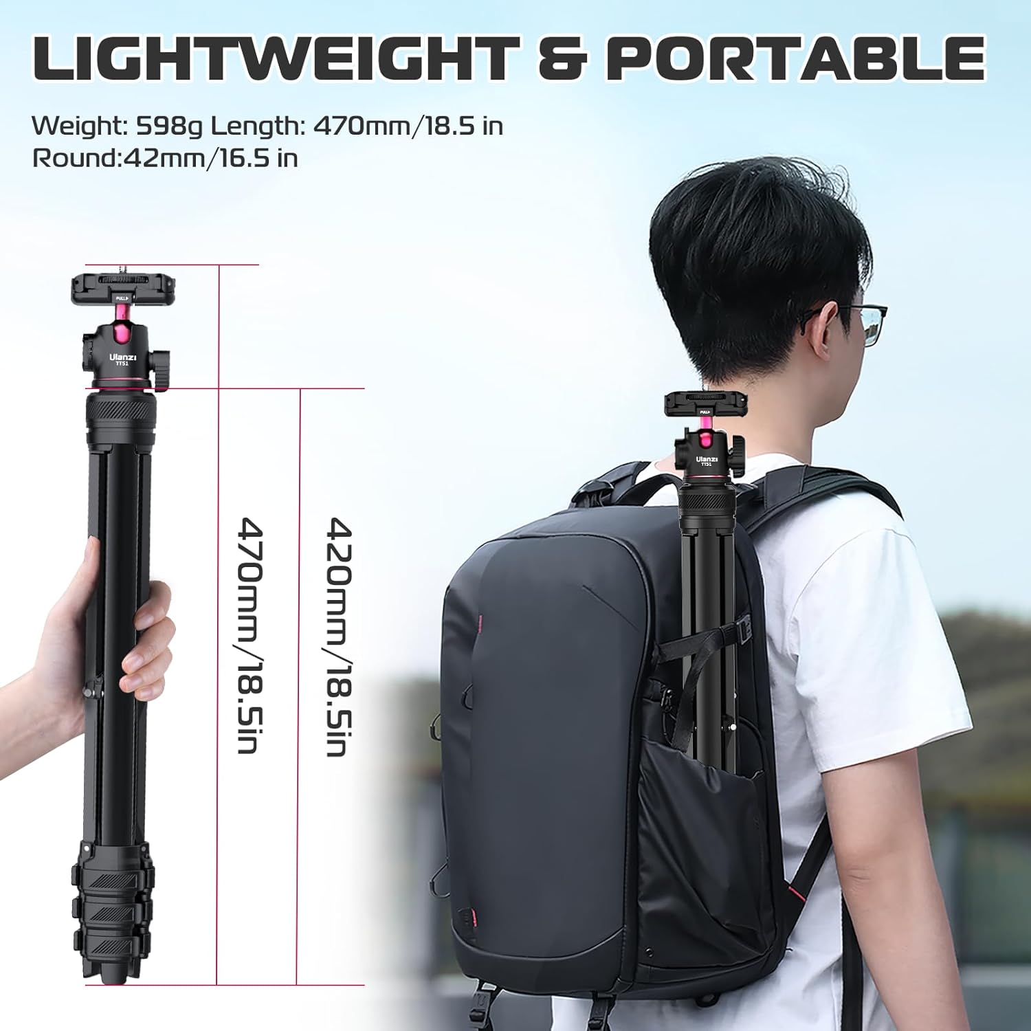 2 in 1 Camera Phone Video Tripod - ULANZI TT51 Portable Tripod Stand I 360&deg; Rotable Ball Head I Hidden Cold Shoe Phone Holder I 600G Lightweigt I 1.38M/51In Long I 5 Section Extenable Vlog Tripod image number 1