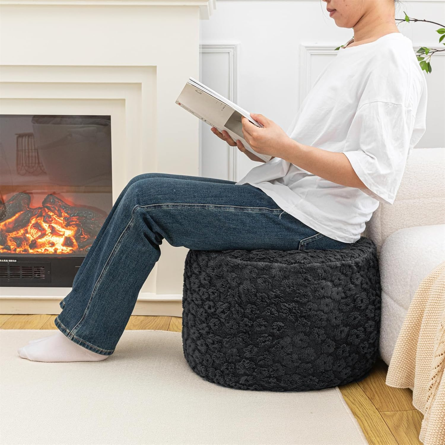 Stuffed Pouf Ottoman Comfy Floral Ottoman Foot Rest for Living Room Bedroom Kids Room Charm Floor Pouf for Home Decor Full Foam Filling Foot Rest for Couch (Dark Gray) - Light Gray image number 3