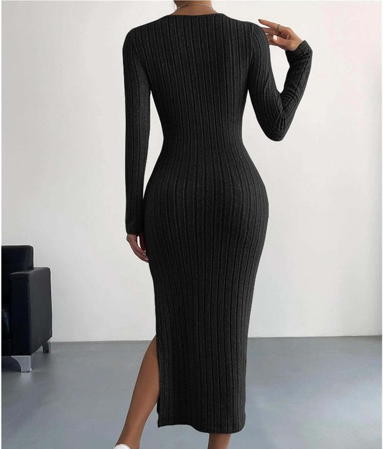 Women'S Long Sleeve Party Long Dress round Neck Split Thigh Rib Pullover Bodycon Solid Color Maternity Dresses image number 4
