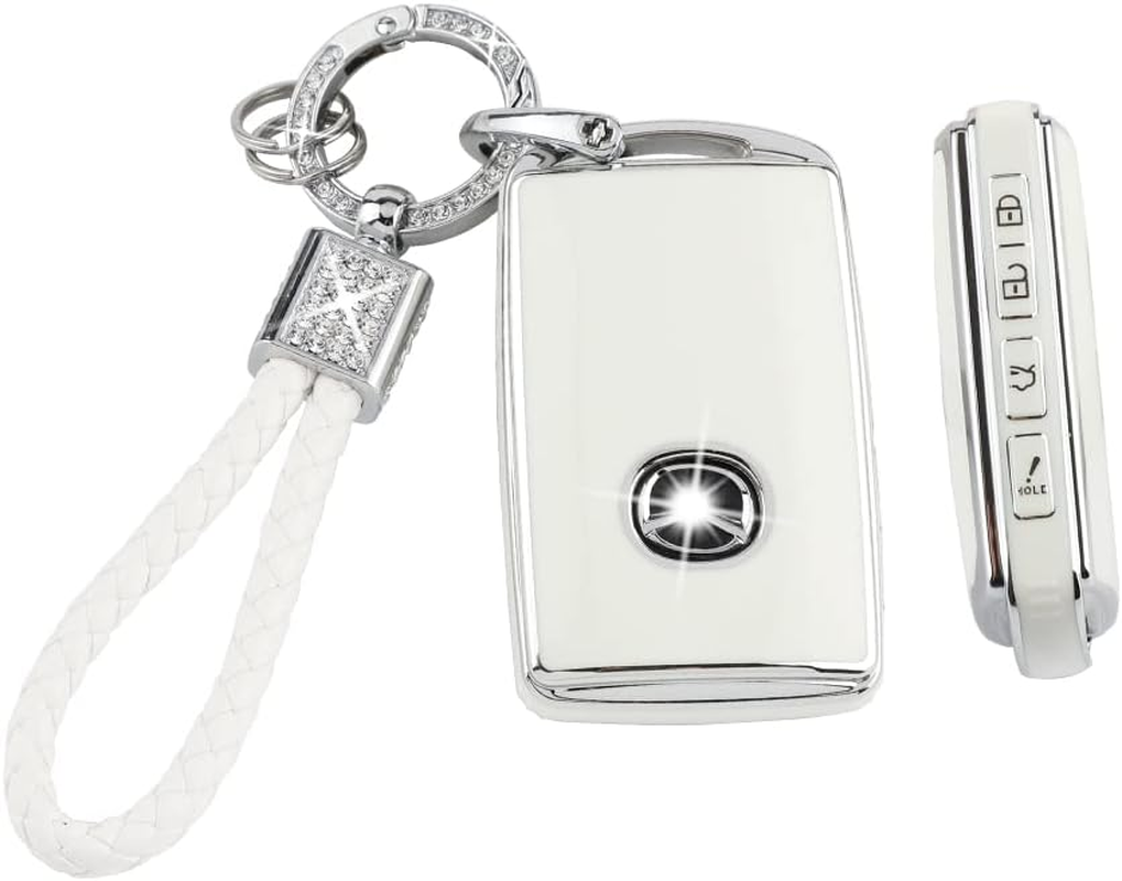 PIFOOG Lexus Key Fob Cover Bling Keychain TPU Car Keys Case Shell Protector Protection for Lexus GX ES NX LC RC LS UX Accessories 4 Buttons, White and Silver Edge, for Lexus