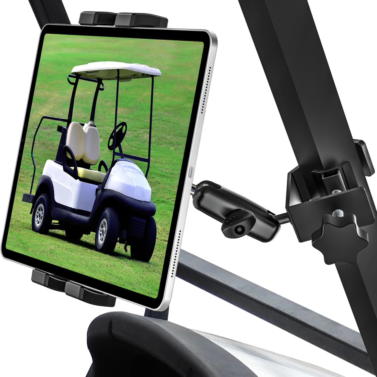 Woleyi Golf Cart Tablet Holder Mount, 360&deg; Adjustable, Metal Wider Clamp Arm for Zgo/Club Car/Yamaha/Other Golf Carts, Compatible with Ipad Pro 12.9/Air/Mini, Iphone, Galaxy Tabs/Z Fold, 4-13" Devices image number 1
